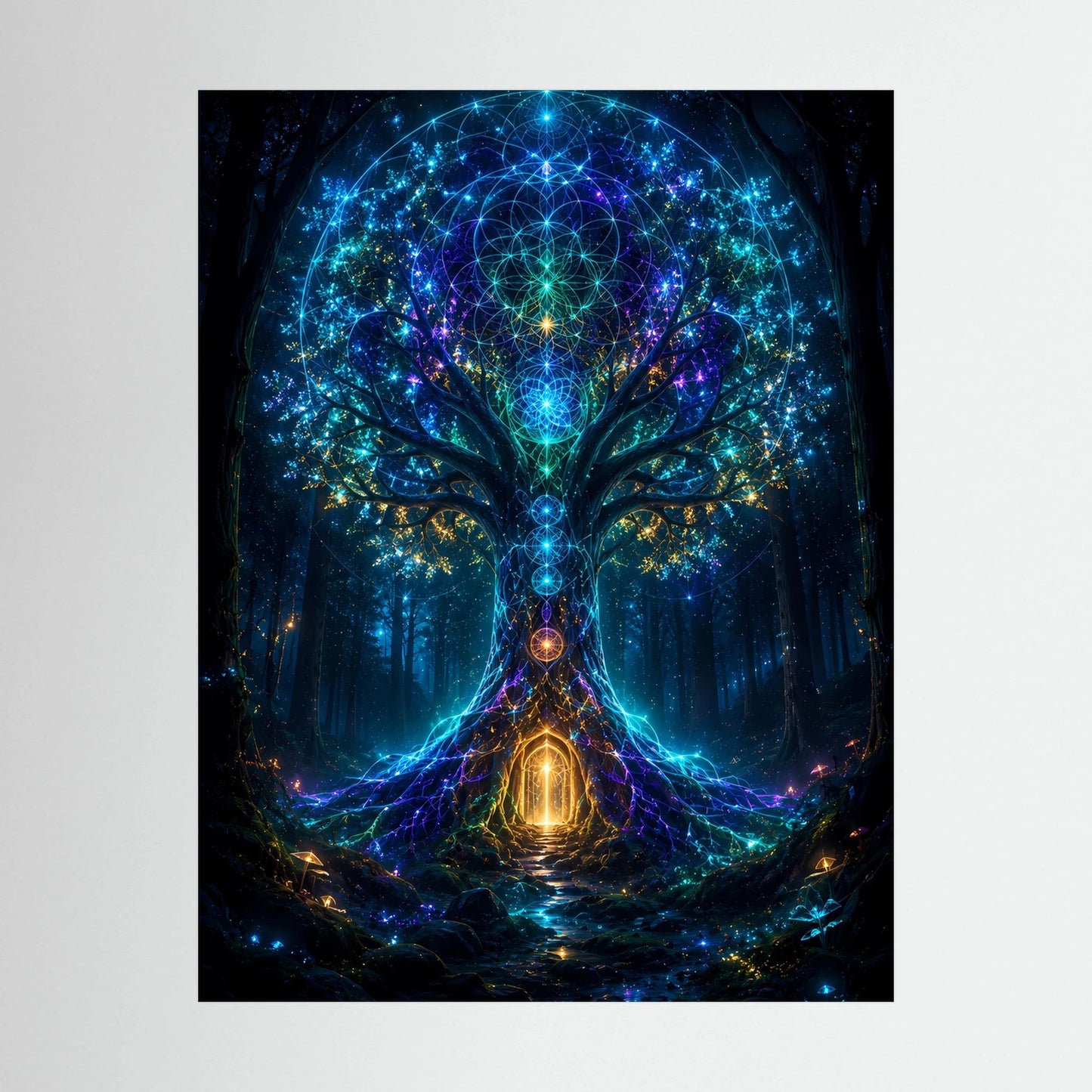 Hochformat-Poster: leuchtendes Baumportal mit Kreislinien, Blau- und Goldtönen