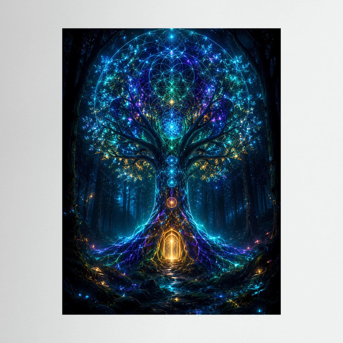 Hochformat-Poster: leuchtendes Baumportal mit Kreislinien, Blau- und Goldtönen