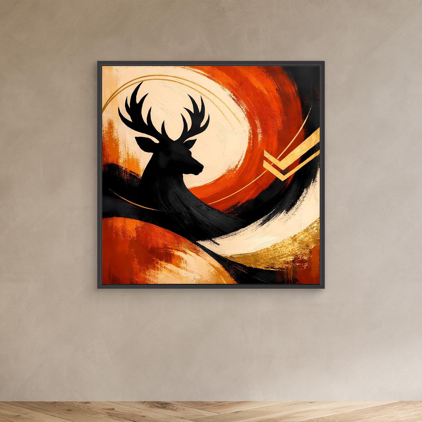 Leinwandbild mit Hirschmotiv in Schwarz, Orange- und Goldtönen, im schwarzen Rahmen