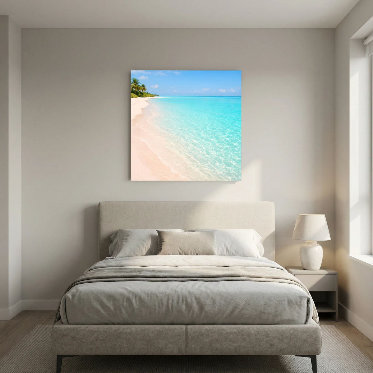 Leinwandbild tropischer Strand: klares türkisblaues Wasser, heller Sand und Palmen links