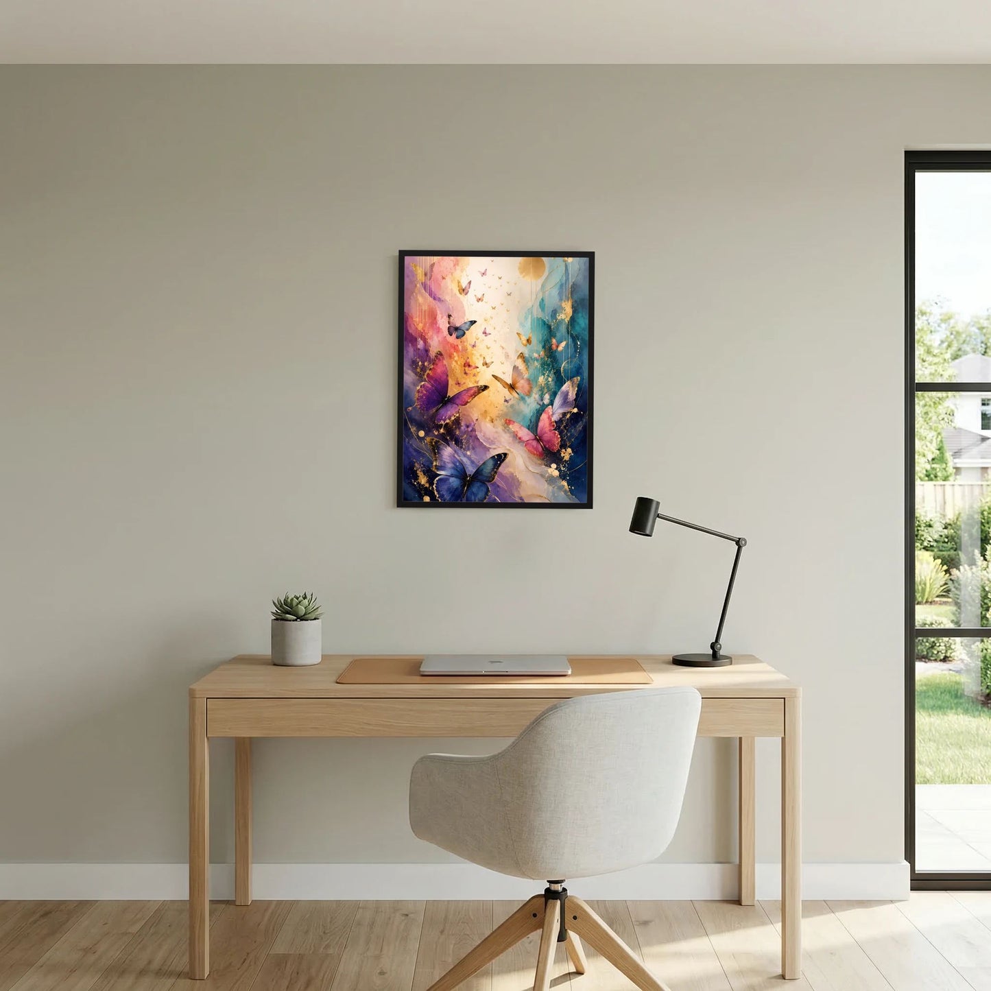 Gerahmtes Poster mit Schmetterlingen, Blau und Rosa im Farbverlauf, goldene Highlights