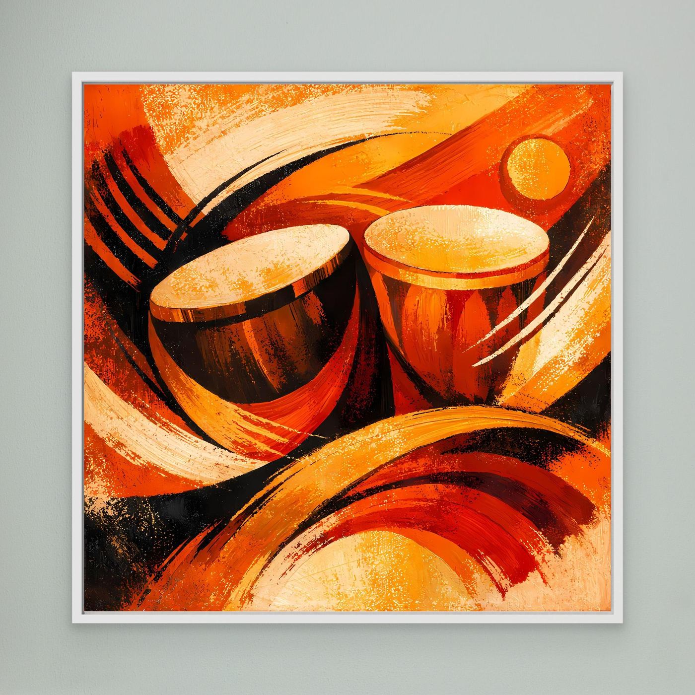 Leinwandbild mit abstrakten Trommeln in warmem Orange, Rot und Gelb, weißer Rahmen
