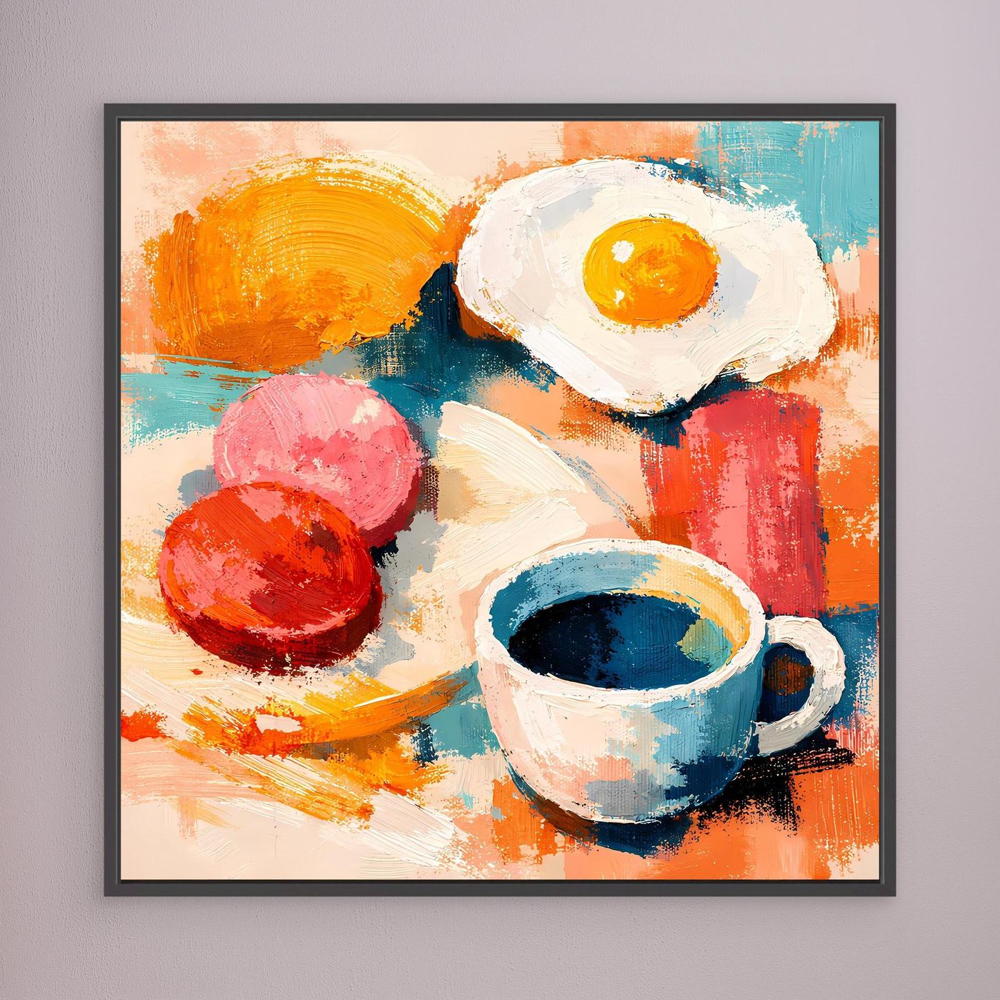 Gerahmtes abstraktes Wandbild mit Spiegelei und Kaffee-Tasse, dunkle Rahmenfarbe mit bunten Formen