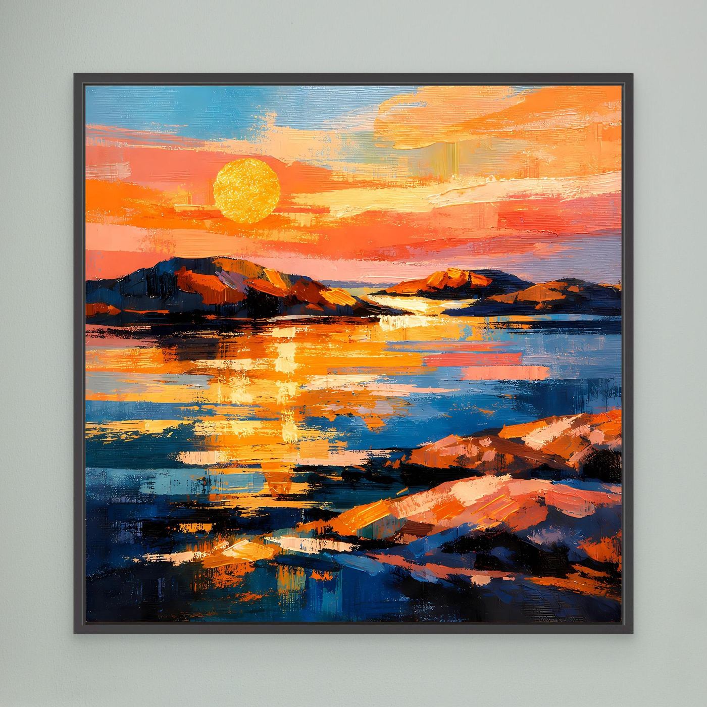 Gerahmtes Leinwandbild mit abstrakter Küste und gelber Sonne, kräftige Orange-Blau-Töne