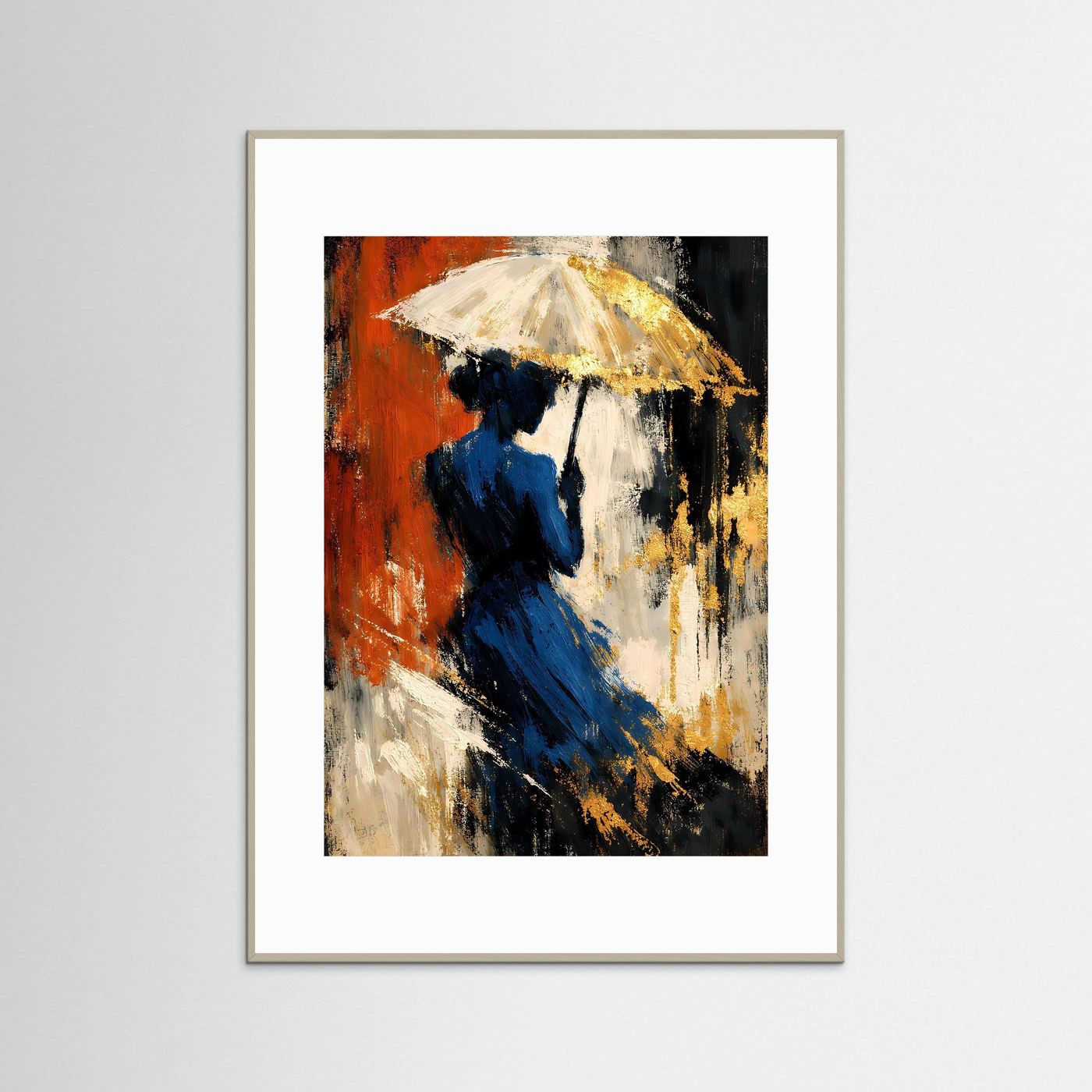Kunstposter, gelber Regenschirm und blaue Figur; roter Hintergrund, grauer Rahmen