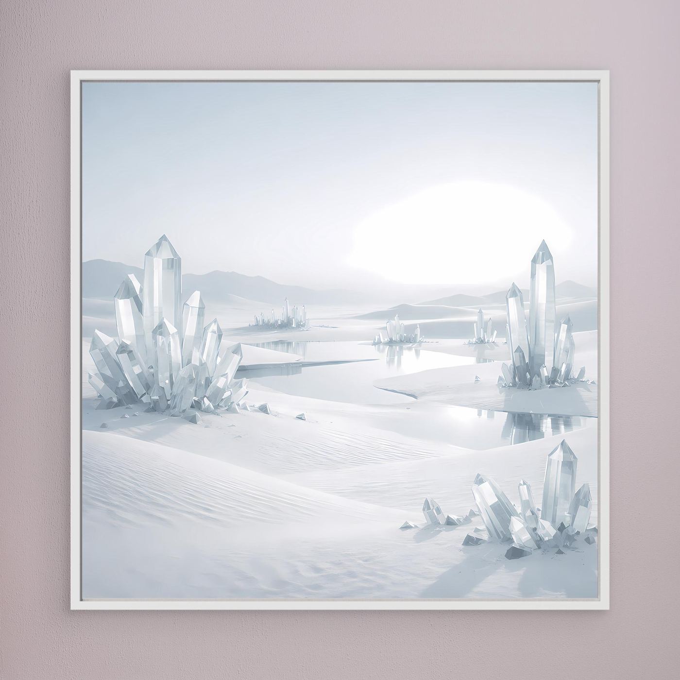 Leinwandbild mit weißem Rahmen: zentrale Eisberge und winterliche Schneefläche.