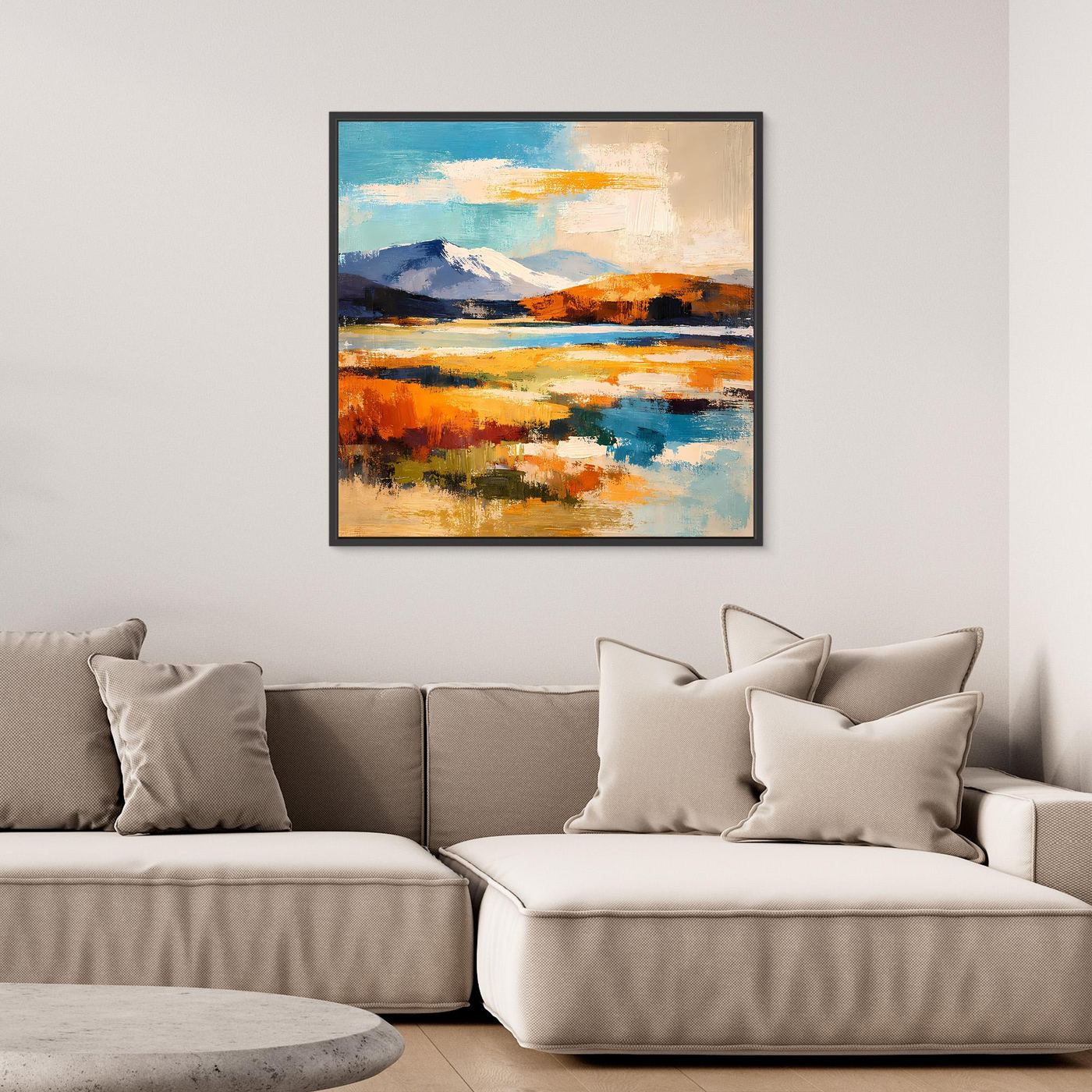 Leinwandbild mit abstrakter Berg- und Wasserlandschaft, schwarz gerahmt