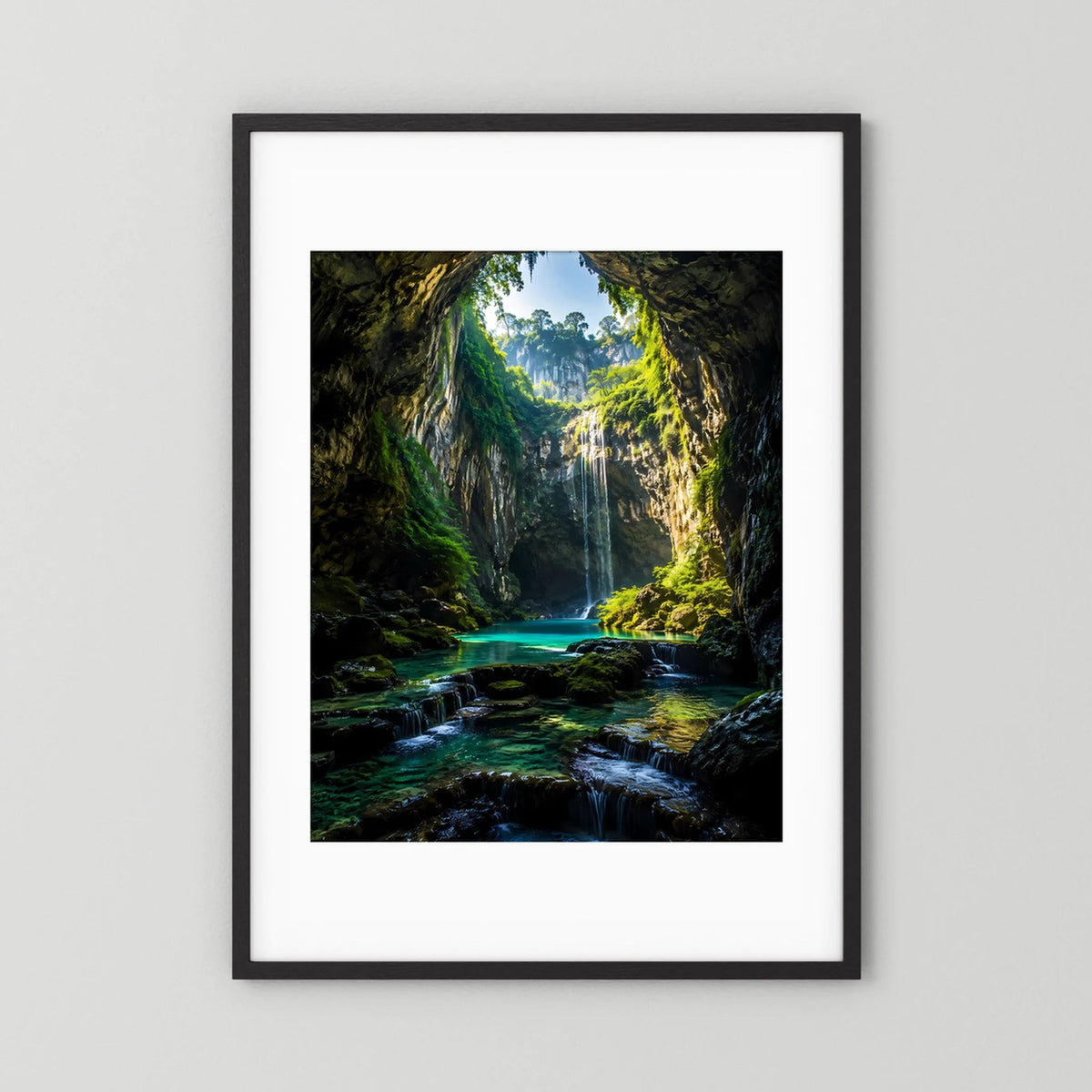 Hochformatiges Kunstposter: Wasserfallhöhle mit türkisfarbenem Bach, schwarzer Rahmen