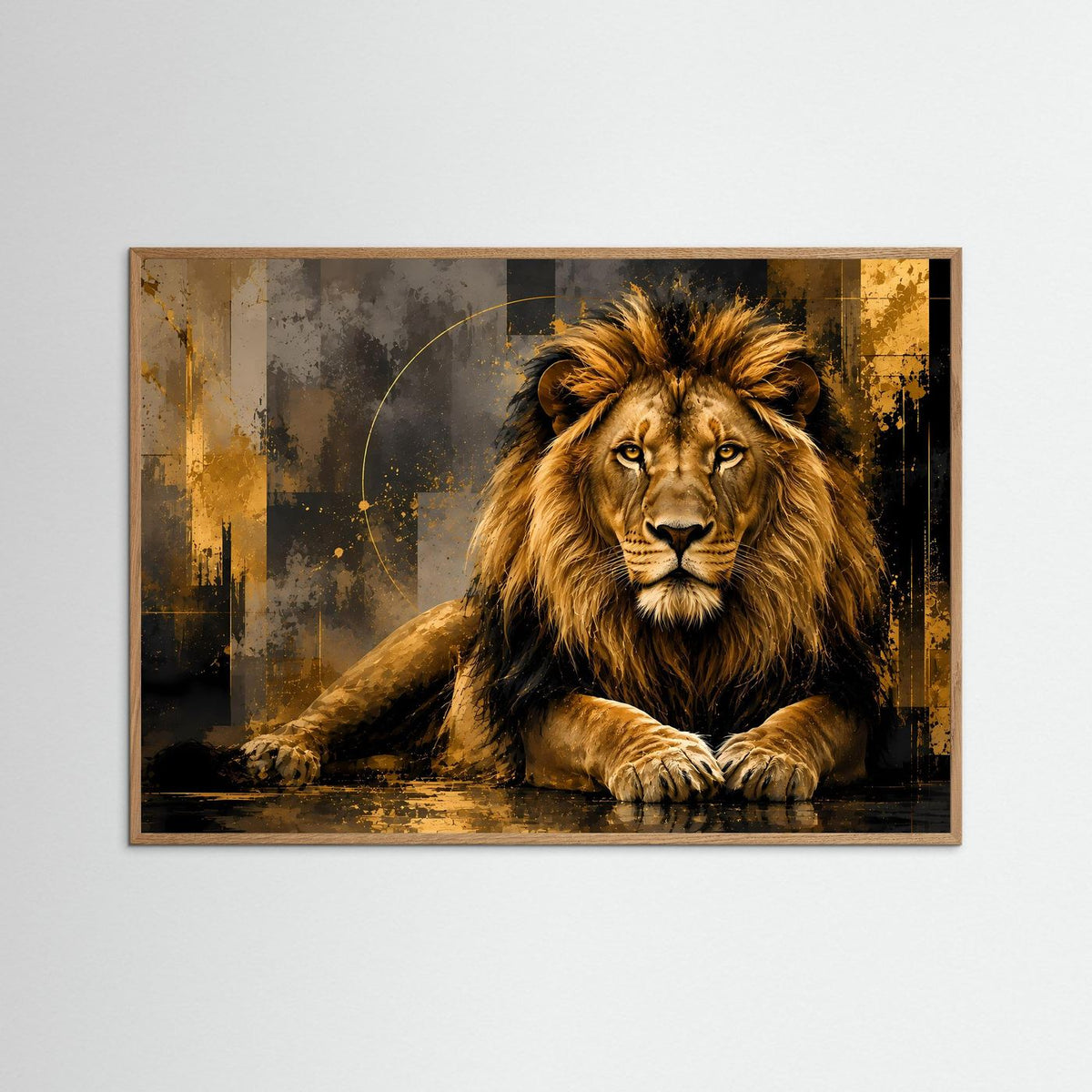 Löwenmotiv-Poster im Querformat, goldbraune Mähne auf dunklem Grund, helles Holz gerahmt