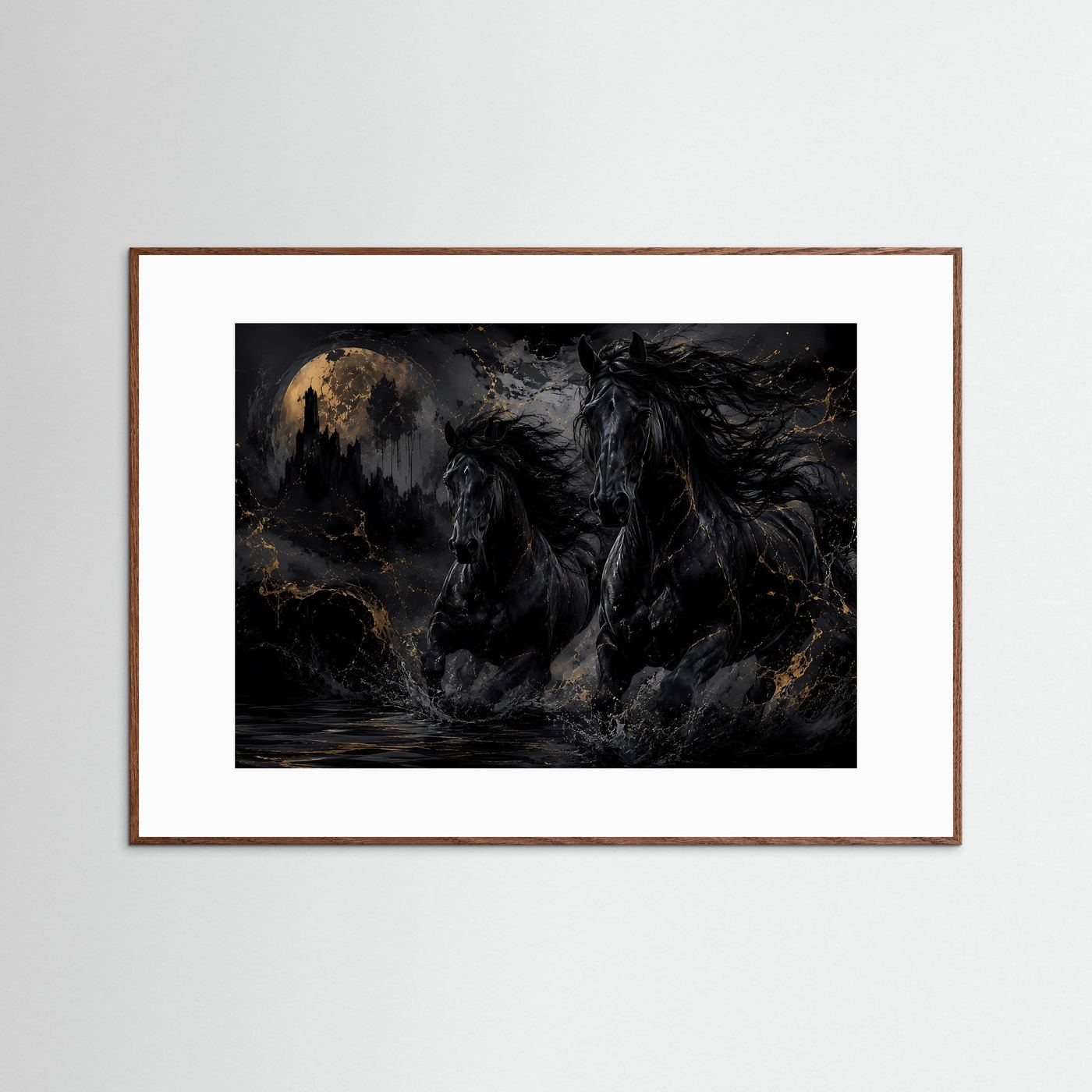 Schwarze Pferde Poster | Mystische Pferde Wandkunst mit Vollmond | Dunkle Fantasy Pferde | Eleganter Gothic Kunstdruck