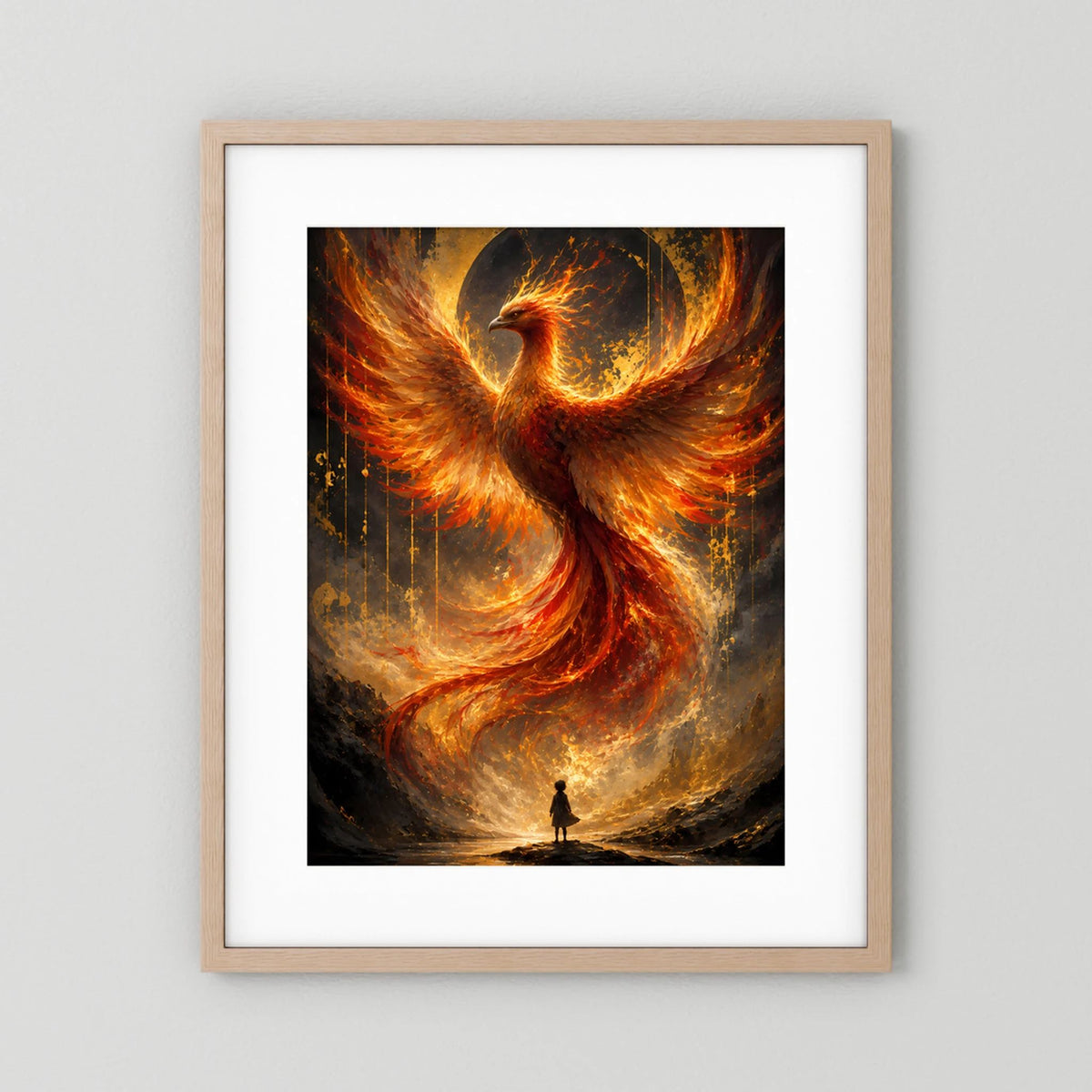 Hochformatiges Poster mit gold-orange Phönix aus Feuer, beige-brauner Holzrahmen