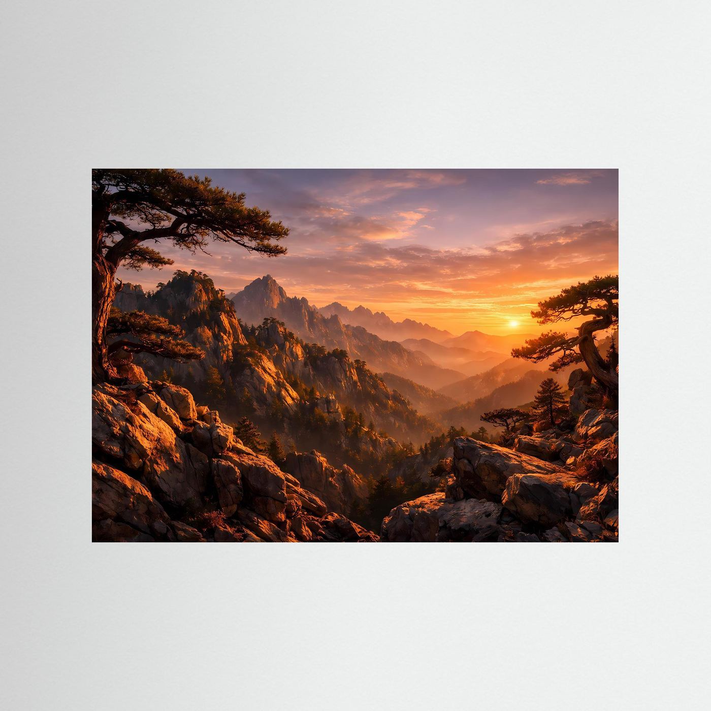 Wandposter mit Alpenlandschaft bei Sonnenuntergang, ohne Rahmen