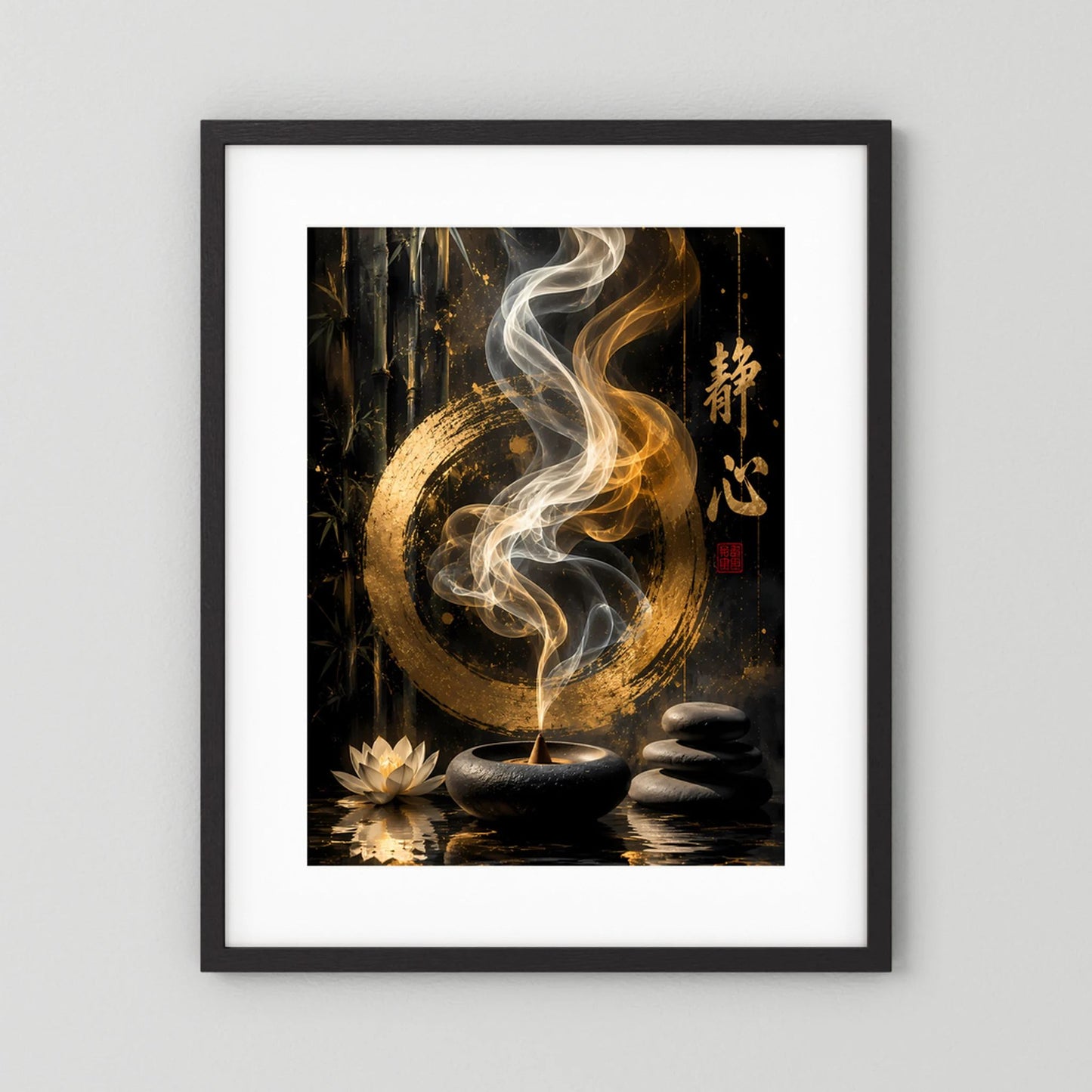 Hochformatiges Poster mit goldenem Kreis, Rauch und Meditationssteinen, schwarz gerahmt mit weißem Rand