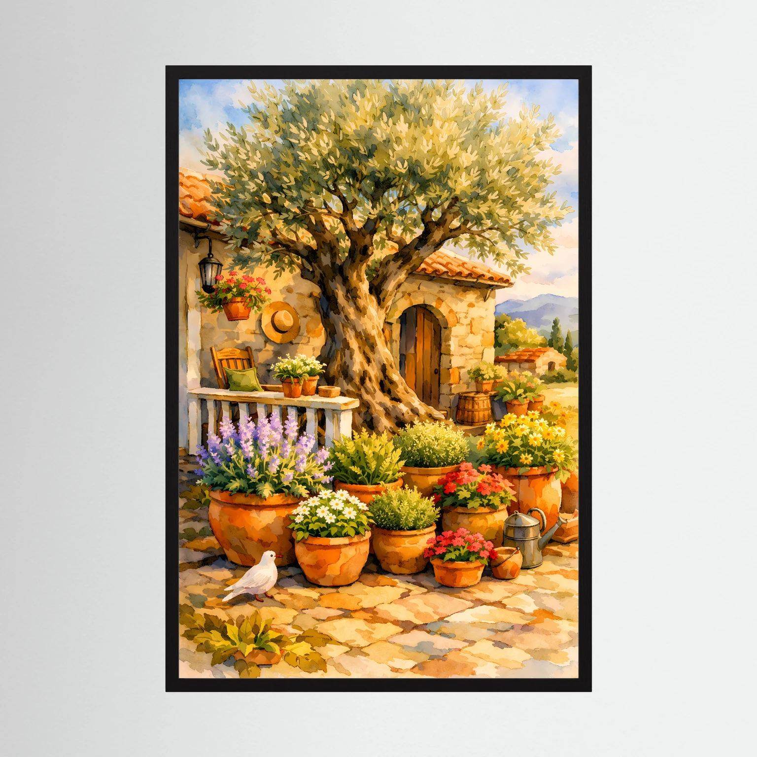 Wandbild mit Olivenbaum und Blumentöpfen in mediterraner Hofszene, schwarzer Rahmen