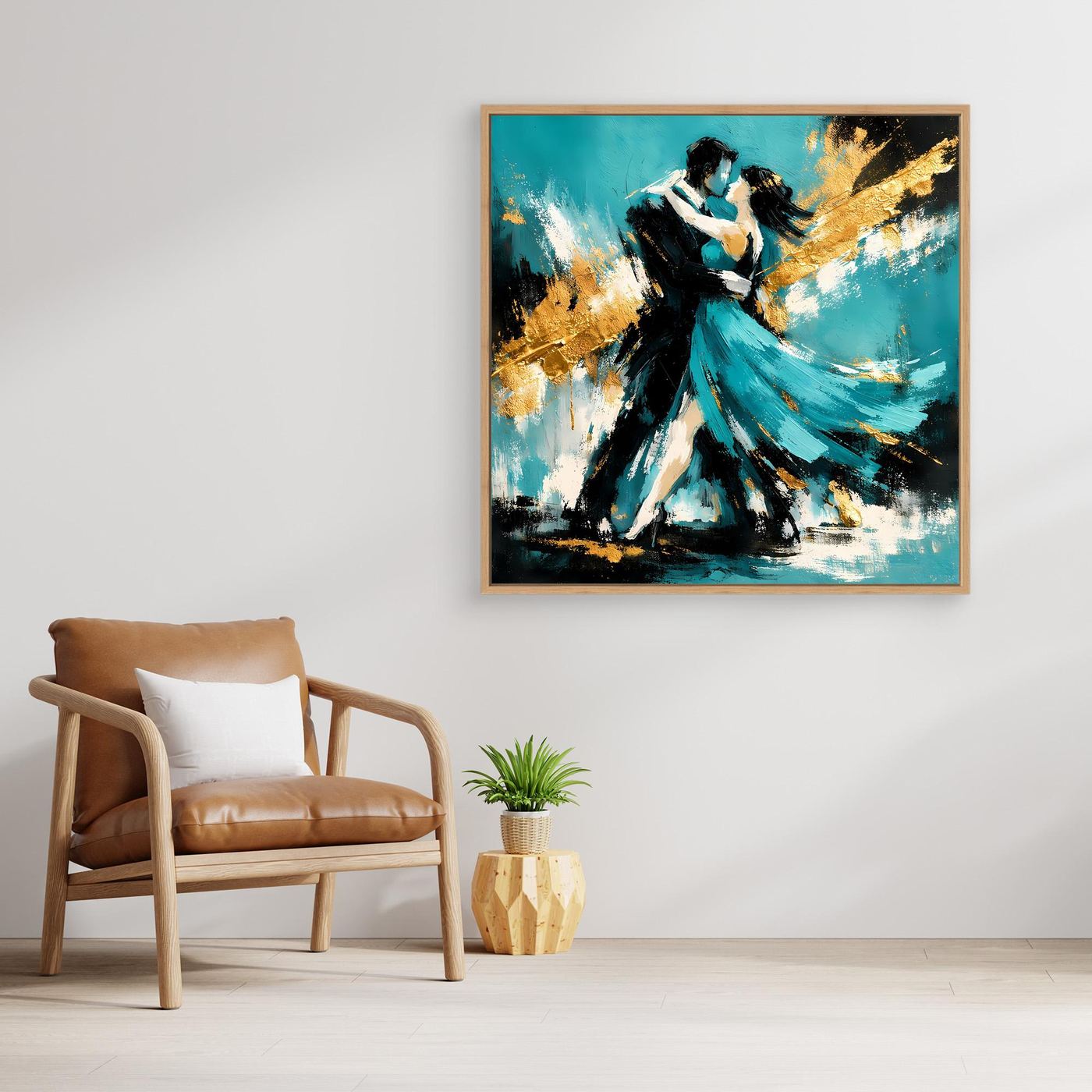 Leinwand Abstraktes Tanzpaar in Türkis und Gold | Modernes Romantisches Paar Wandbild