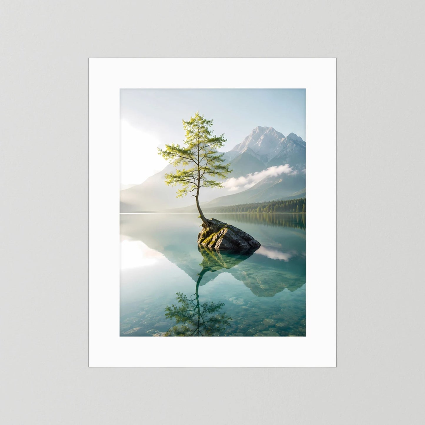 Baum im Bergsee | Stille Berglandschaft mit Spiegelung | Poster Hochformat