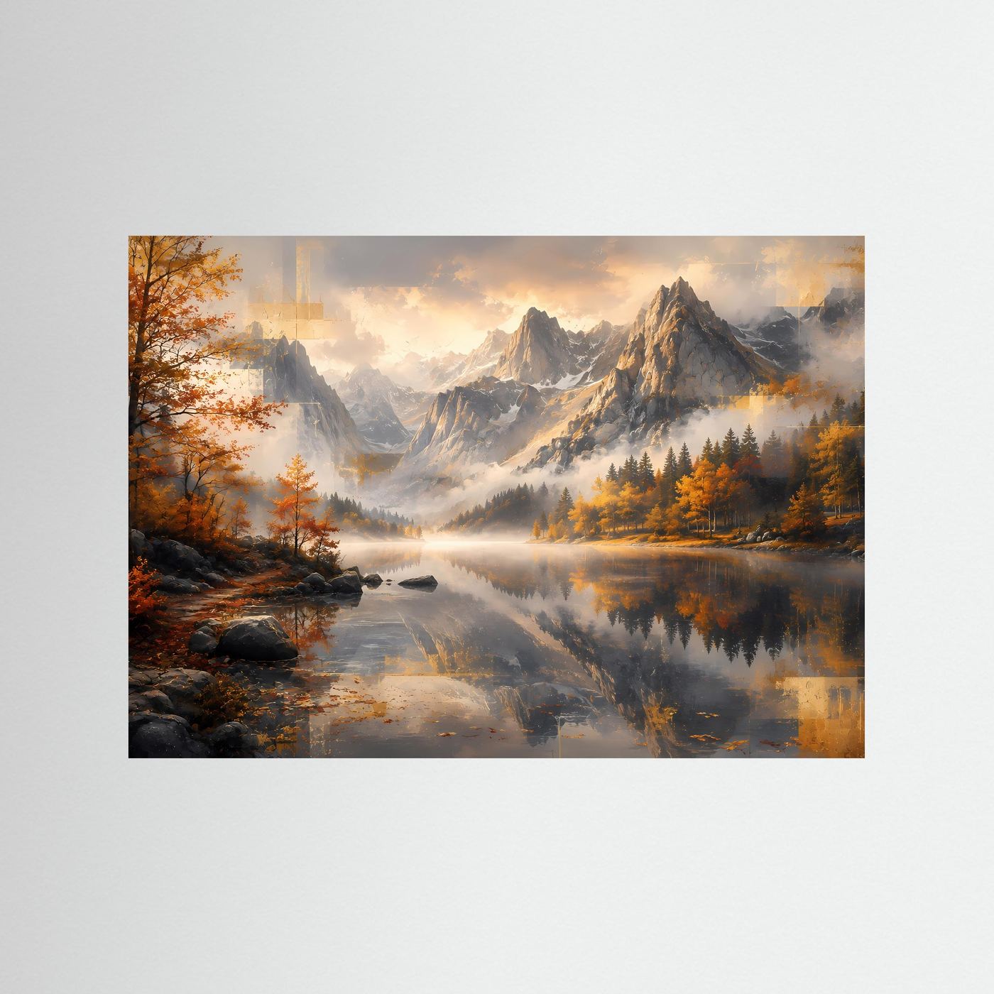 Poster im Querformat mit Berglandschaft und See, Herbstbaum und spiegelnder Aussicht