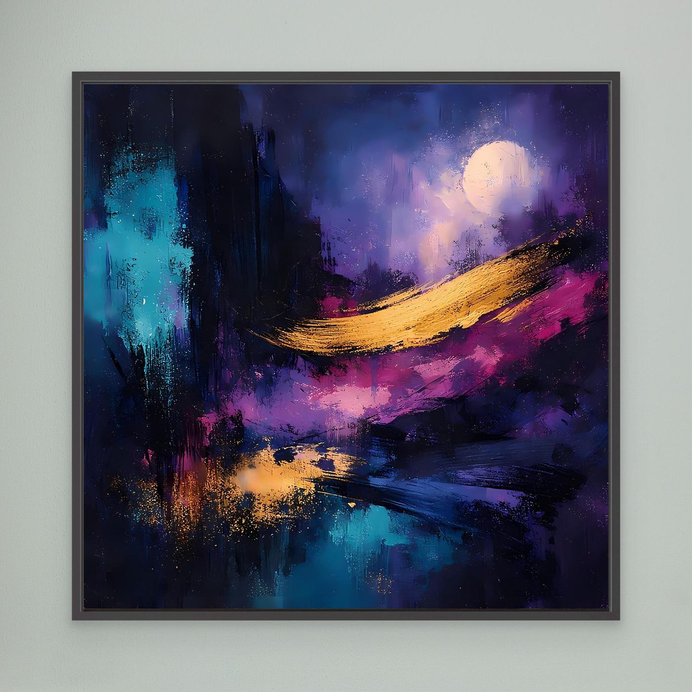 Abstraktes Leinwand-Wandbild mit schwarzem Rahmen, Vollmond über Bucht in Blau‑Lila‑Gelb.