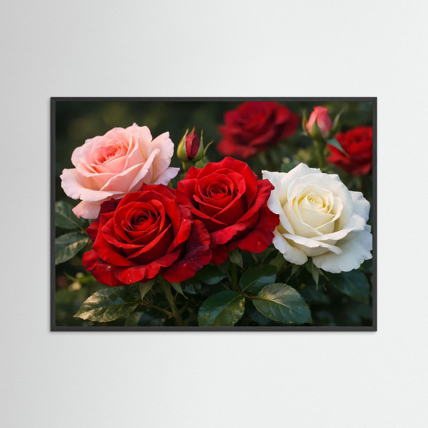 Querformatiges Poster mit Rosenbouquet in Rot, Rosa und Weiß im schwarzen Rahmen