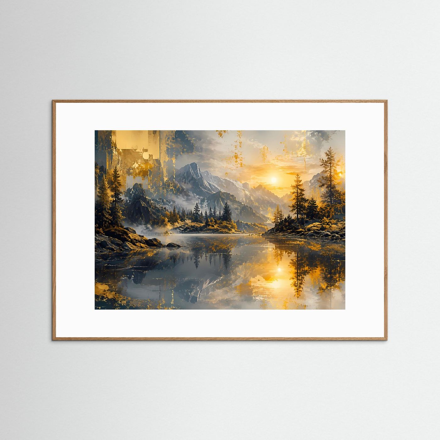 Wandbild im Querformat mit Alpenpanorama, See und Sonnenuntergang; brauner Holzrahmen
