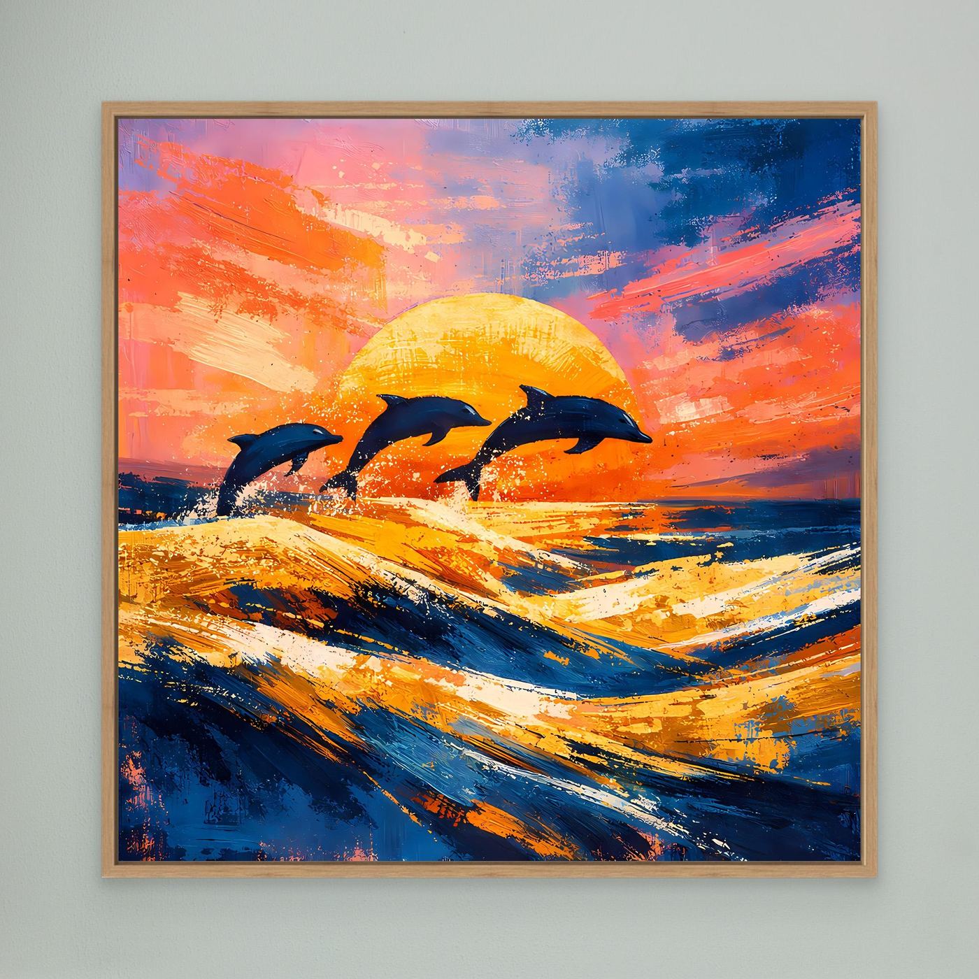 Leinwand Springende Delphine im Sonnenuntergang | Abstraktes Ozean & Meer Wandbild