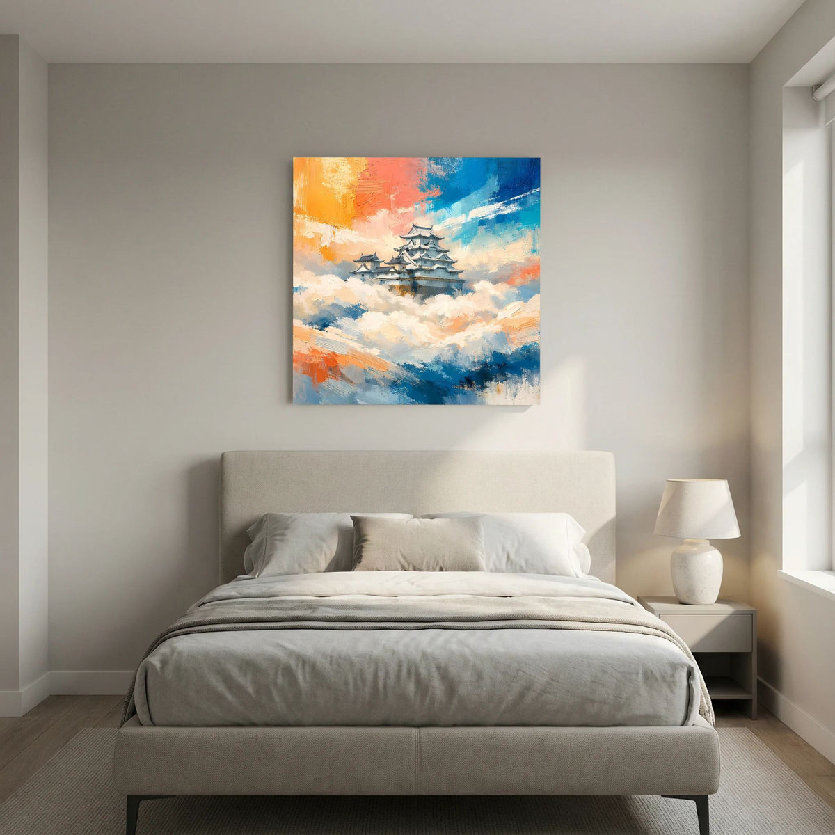 Wandbild auf Leinwand: japanische Burg vor Wolkentextur, orange-blaue Farbverläufe
