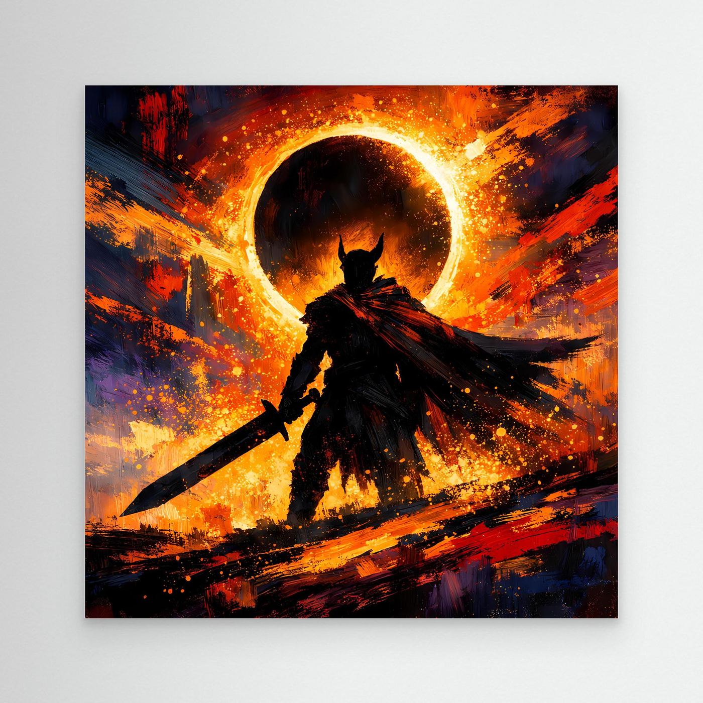 Leinwandbild: dunkler Ritter mit Schwert vor Sonnenfinsternis und leuchtendem Lichtkreis