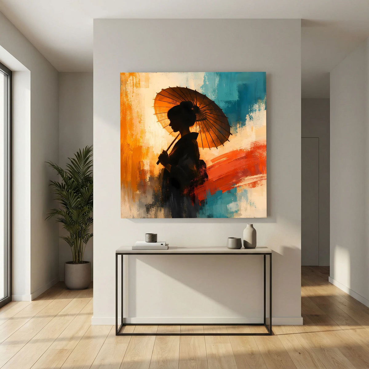Keilrahmen-Wandbild mit Frauensilhouette und schwarzem Sonnenschirm, orange-blauer Farbauftrag