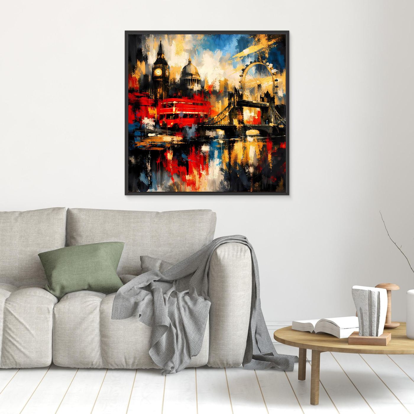 Leinwandbild mit abstrakter London-Skyline, bunt, schwarzer Rahmen