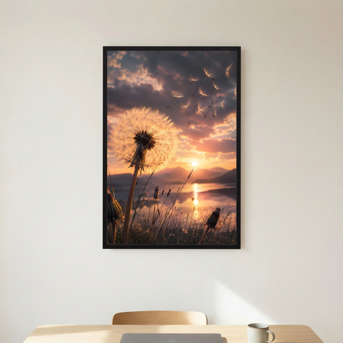 Hochformat-Poster: Pusteblume im Vordergrund, Sonne am Horizont, schwarz gerahmt