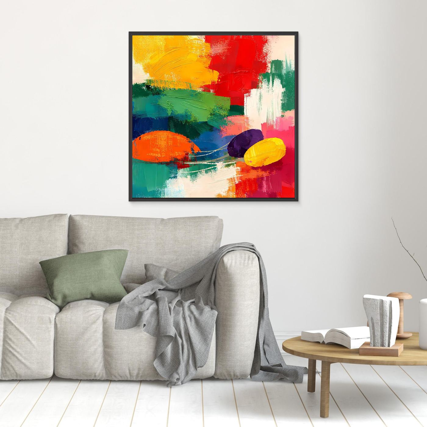 Abstraktes Leinwand-Wandbild mit bunten Farbklecksen und schwarzem Rahmen