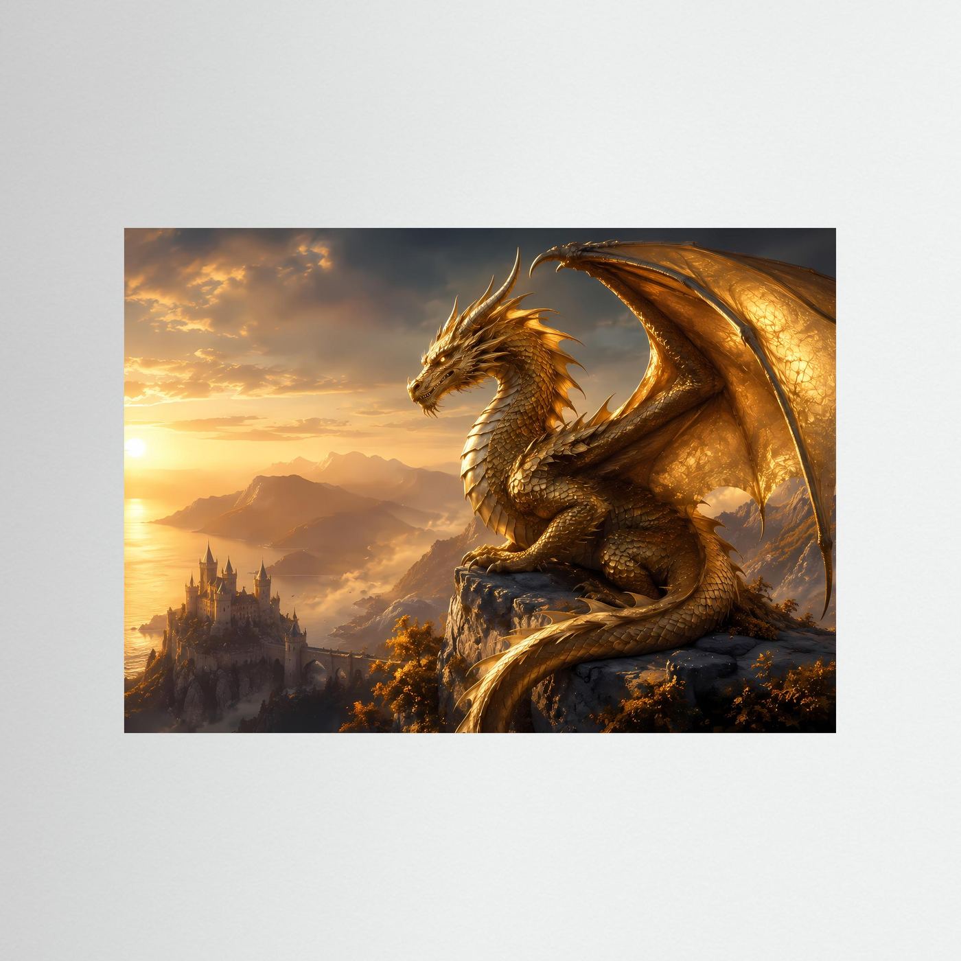 Fantasy-Wandkunst: goldener Drache auf Felsvorsprung über düsterer Burglandschaft