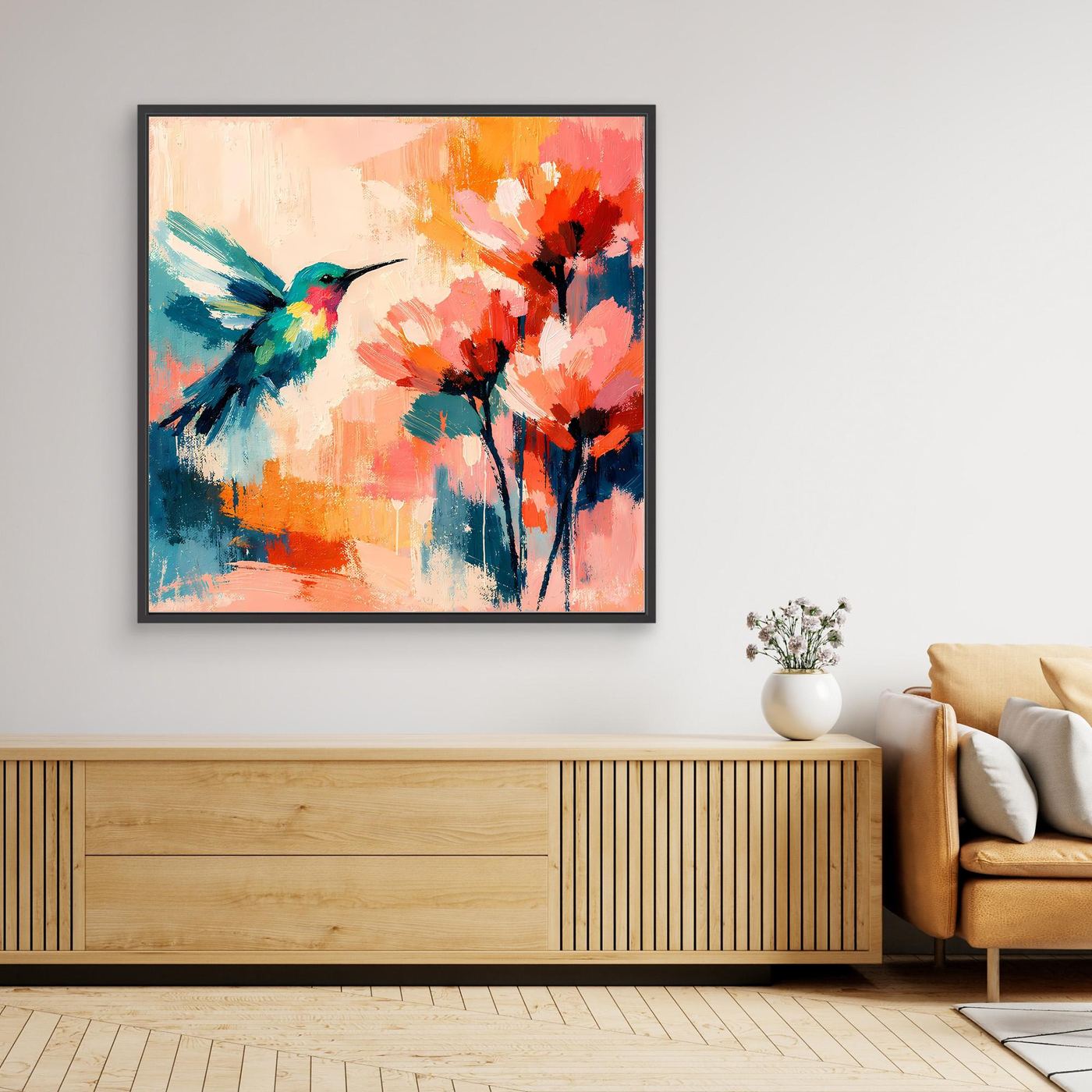 Framed abstract hummingbird wall art with colorful flower blossoms, dark frame