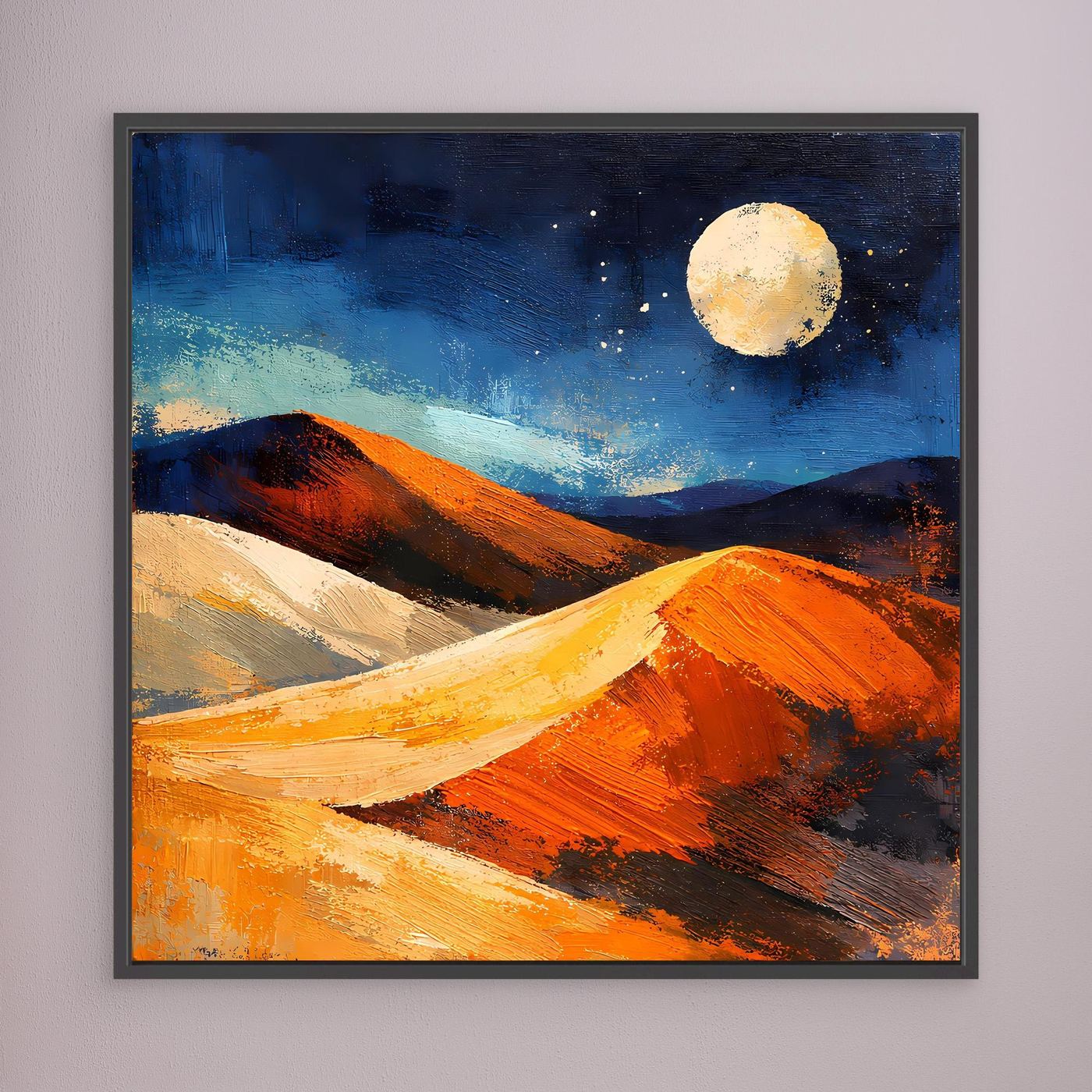 Abstract desert wall art with moonlit dunes at night, in a dark gray frame