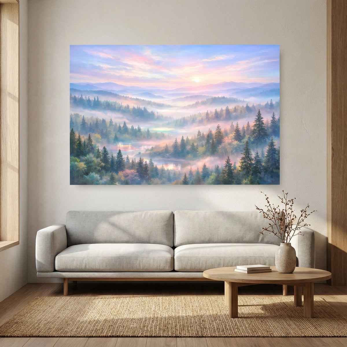 Horizontales Poster mit Waldlandschaft im Morgendunst und sanftem Sonnenlicht