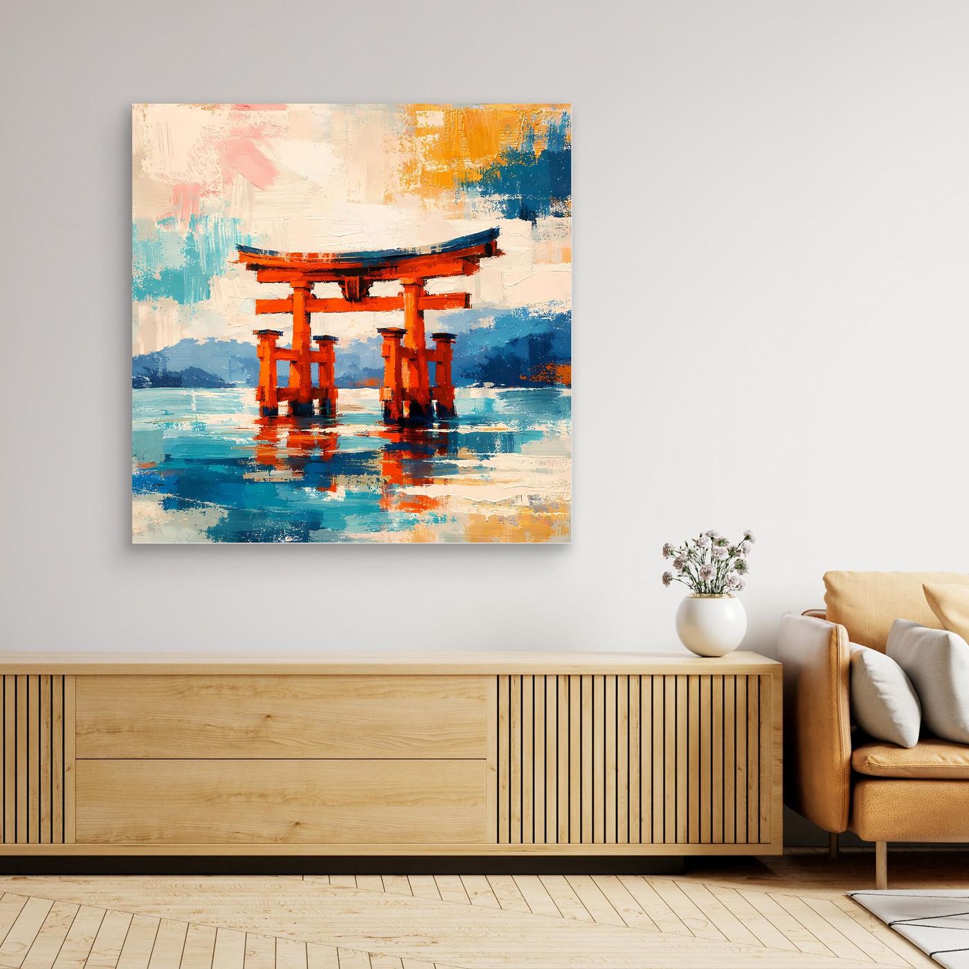 Leinwandbild Japanisches Torii-Tor im Meer | Abstraktes Kultur Wandbild auf echtem Holzkeilrahmen