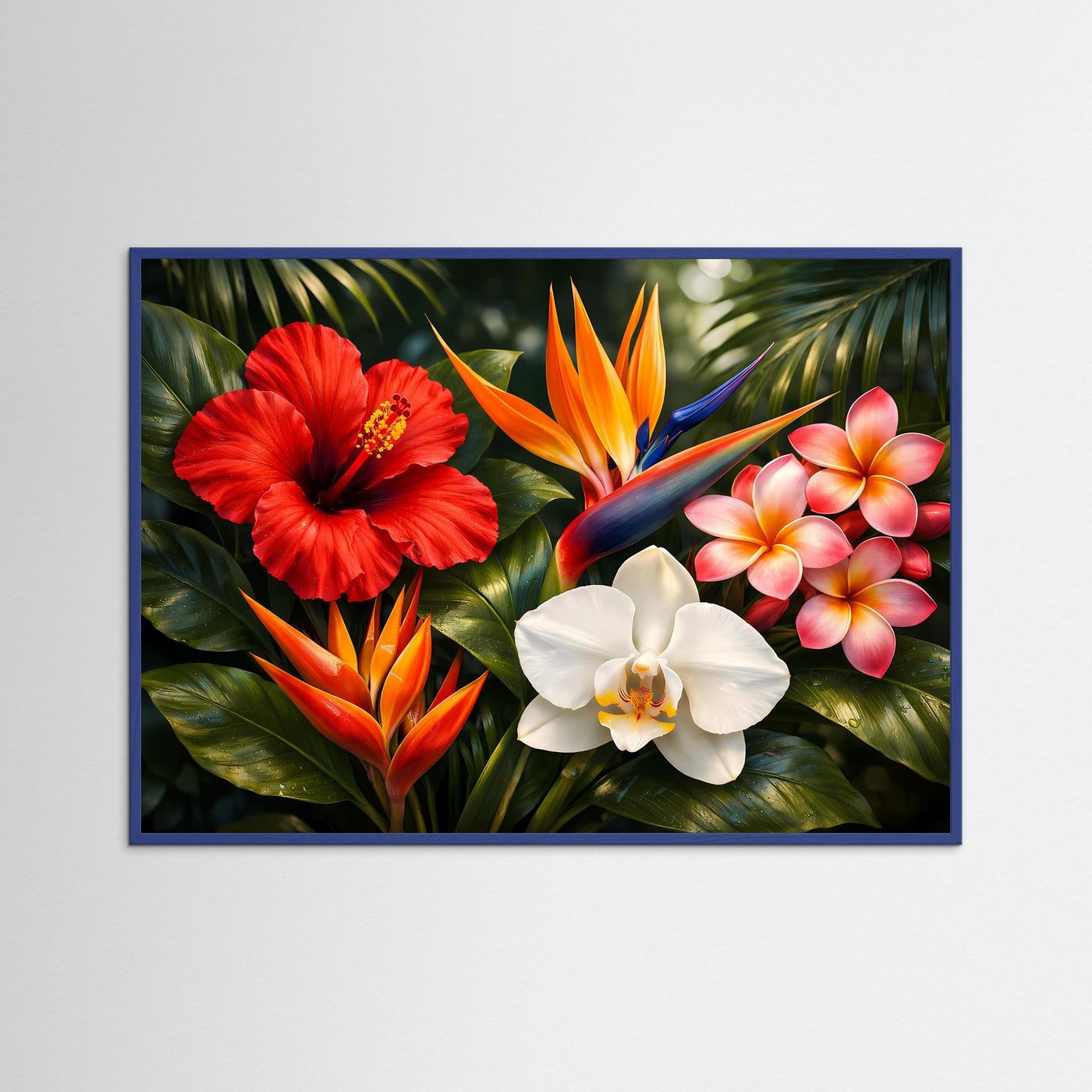 Naturposter tropischer Blüten: roter Hibiskus, orange Strelitzie, blauer Rahmen
