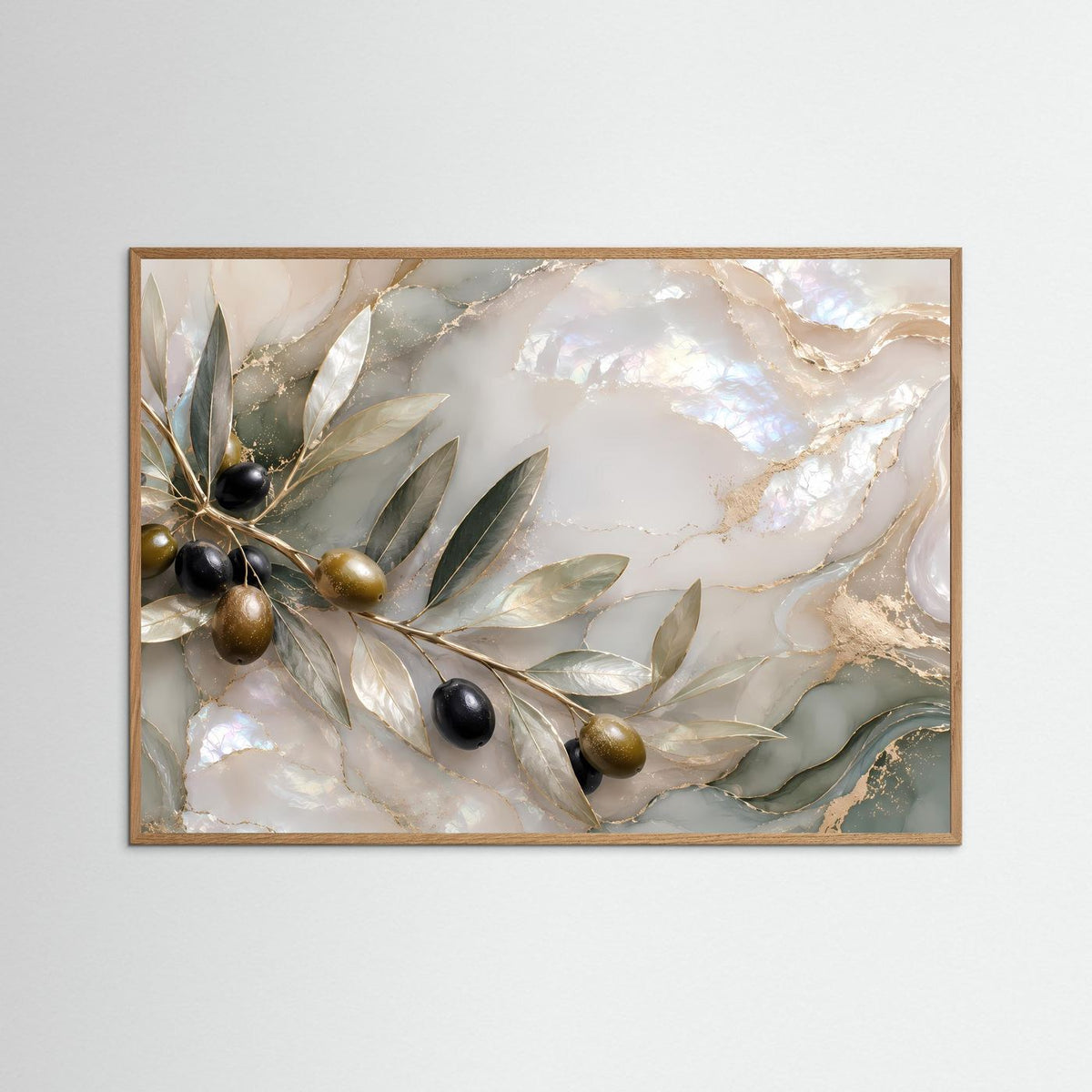 Mediterranes Poster mit Olivenzweig-Illustration in Perlmutt-Optik und goldenen Akzenten, naturfarben gerahmt.