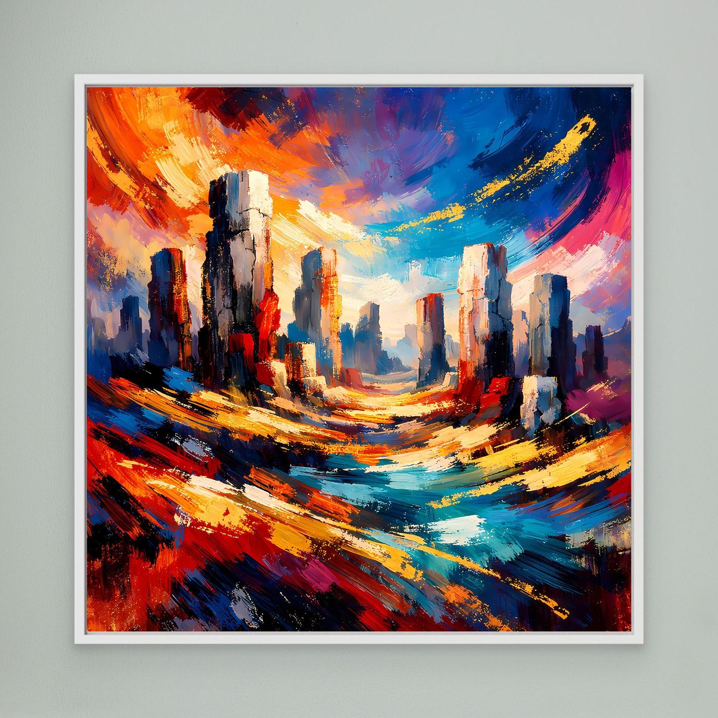 Gerahmtes Leinwandbild mit abstrakter Felslandschaft, kräftige Pinselstriche in Rot, Blau