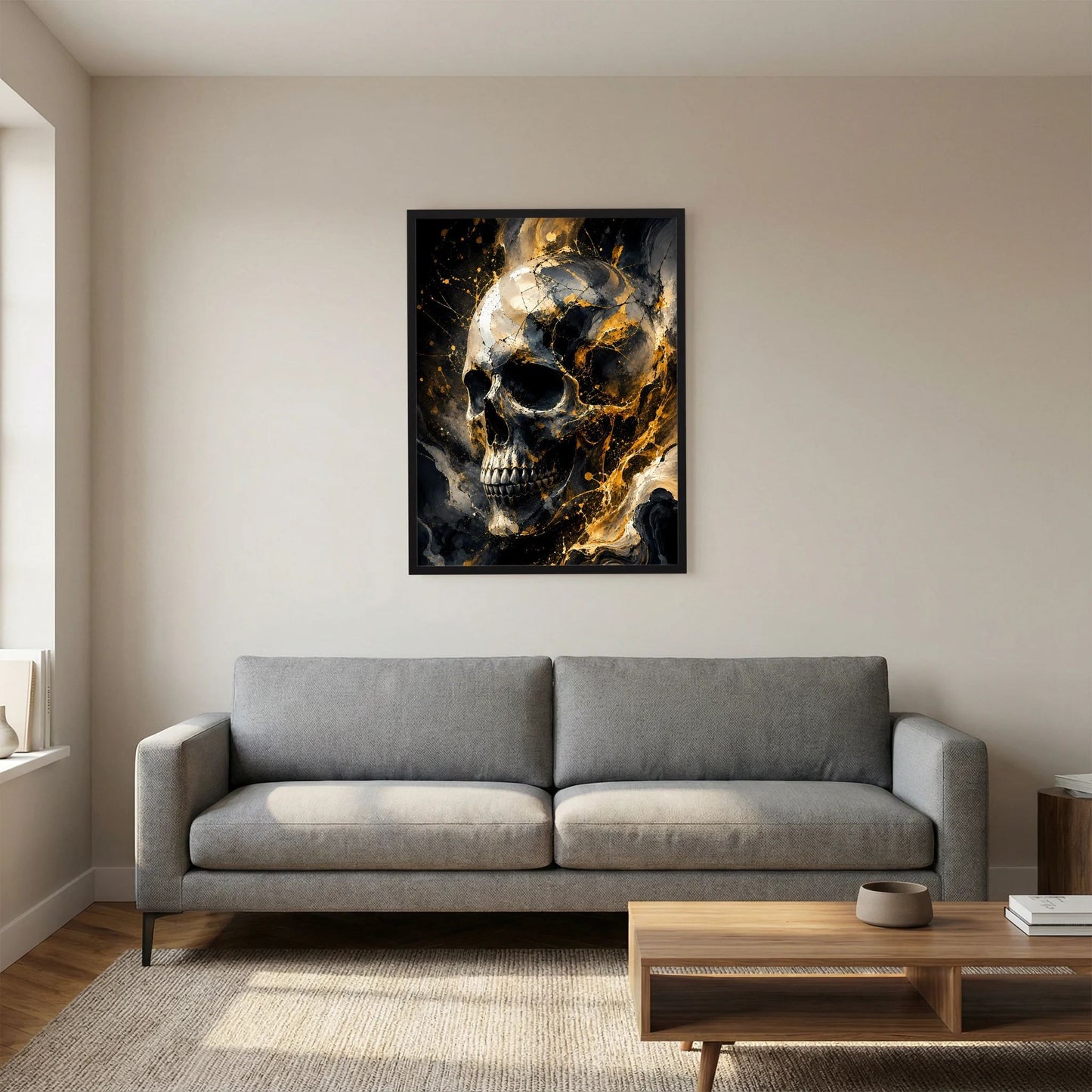 Poster Hochformat mit Totenschädel-Motiv in Schwarz und Gold, schwarzer Rahmen