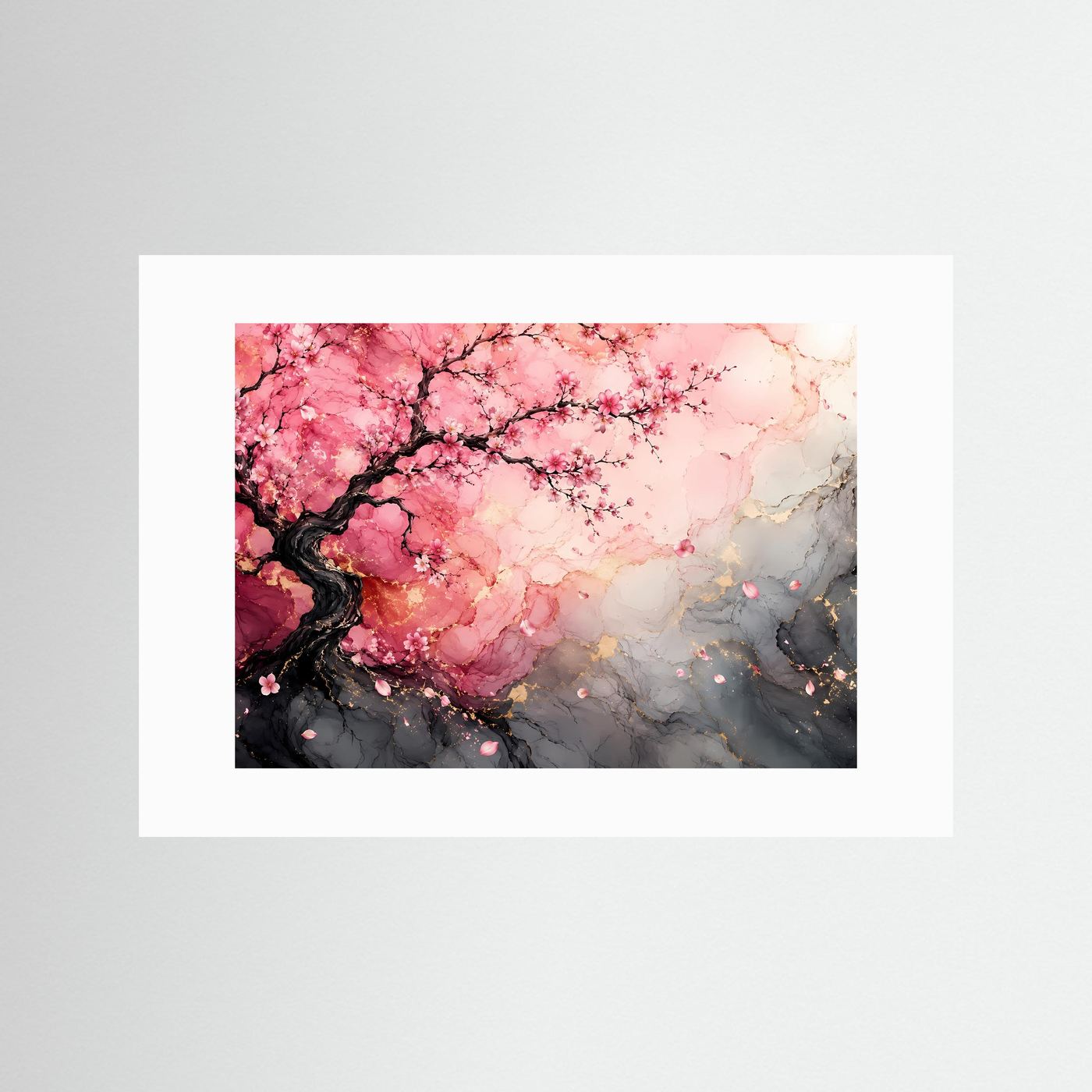 Kirschblütenbaum-Poster mit rosa Blüten und schwarzem Ast, weiße Einfassung