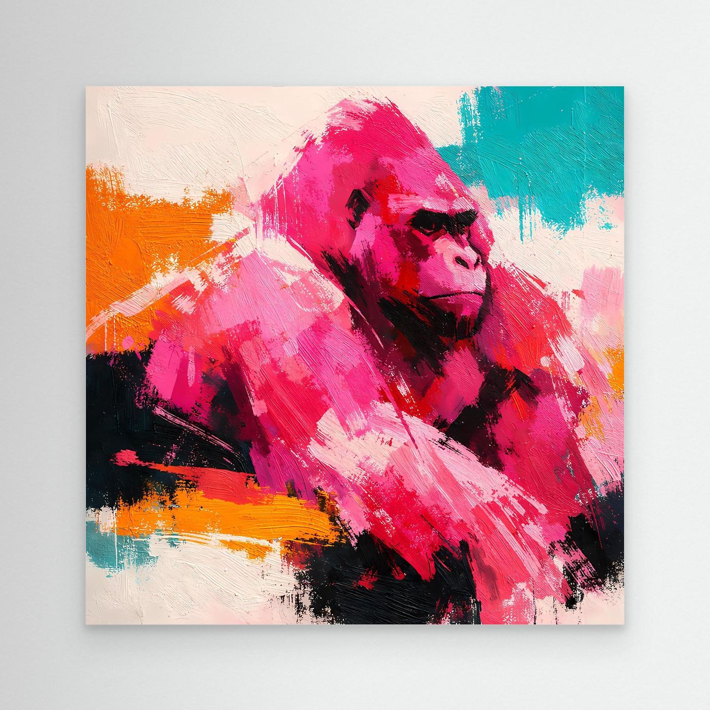 Abstraktes Gorilla-Pop-Art-Leinwandbild mit kräftigen Pink-, Orange- und Türkistönen