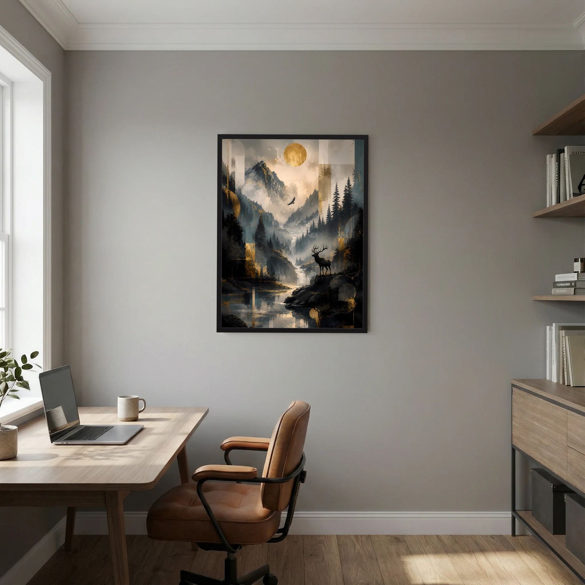 Gerahmtes Poster im Hochformat mit Berglandschaft, Hirsch und goldener Sonne