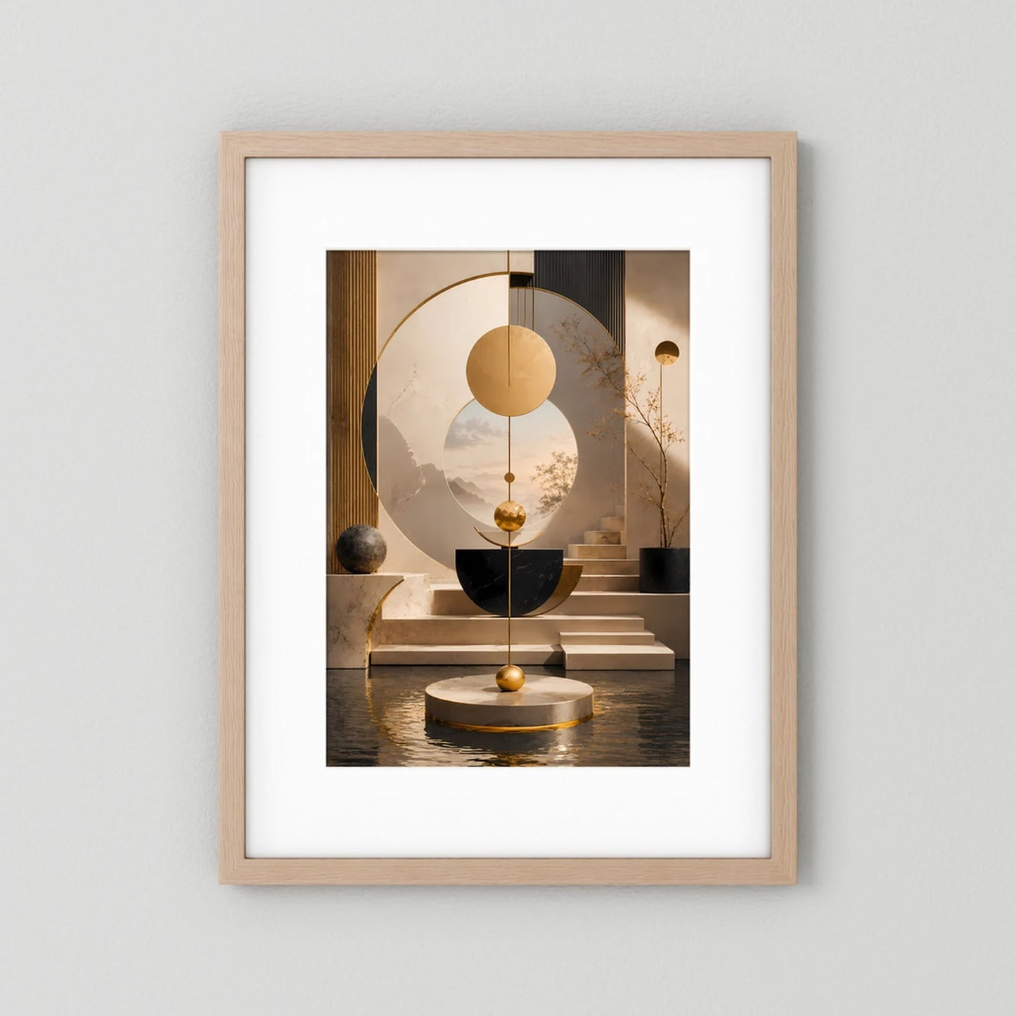 Abstraktes Geometrie-Poster im Hochformat mit hellem Holzrahmen und weißem Rand, Goldakzente