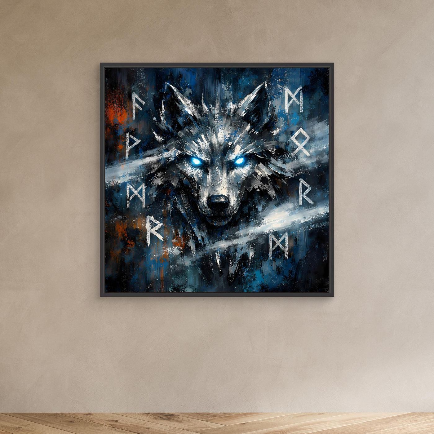 Kleines Wandbild auf Leinwand mit Fenrir-Wolfkopf, leuchtenden Augen und Runen-Zeichen; schwarzer Rahmen