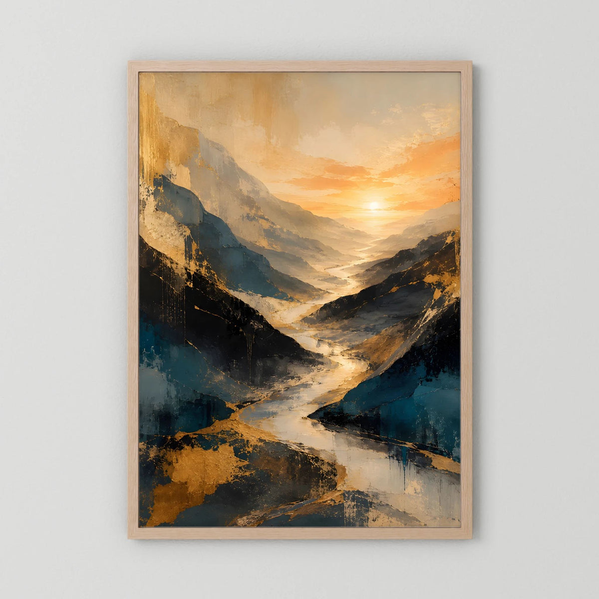 Kunstposter im Hochformat mit abstraktem Bergtal und Fluss, warmes Sonnenlicht, blau-goldener Stil, Holzrahmen