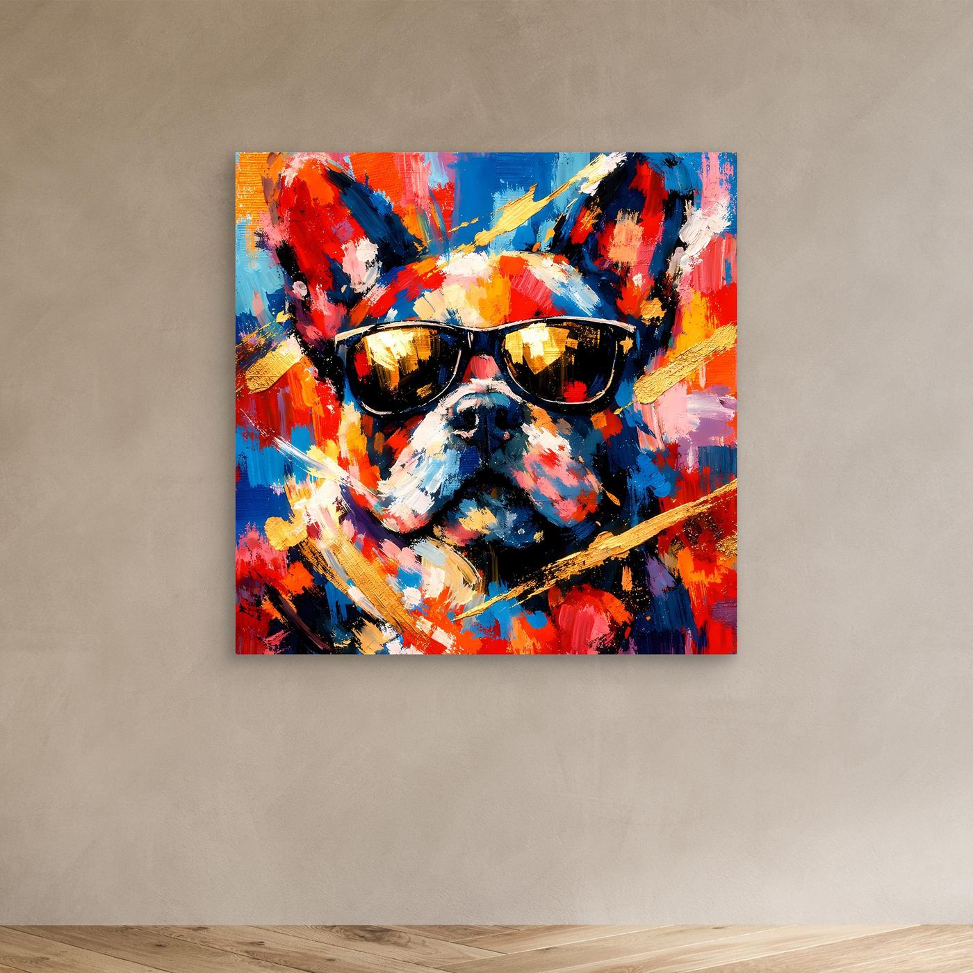 Abstraktes Leinwandbild: Französische Bulldogge mit Sonnenbrille, farbige Pinsel- und Farbflächen