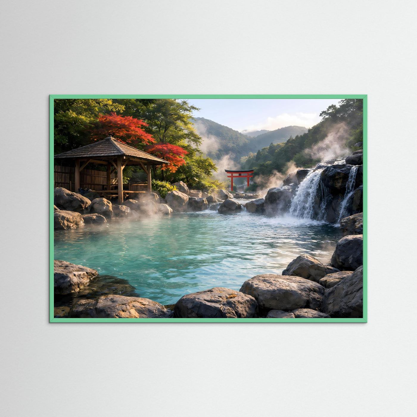 Wellness-Poster mit Torii, Wasserfall und türkisfarbenem Becken im grünen Rahmen