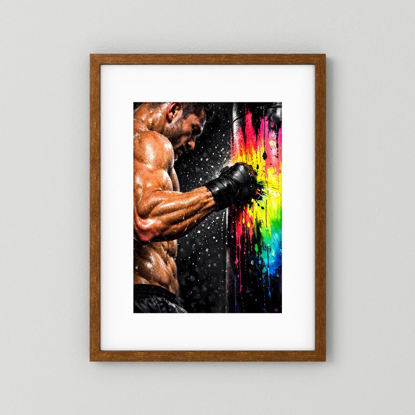 Hochformat-Poster: Boxer mit Boxhandschuhen, dunkler Holzrahmen und bunte Farbspritzer