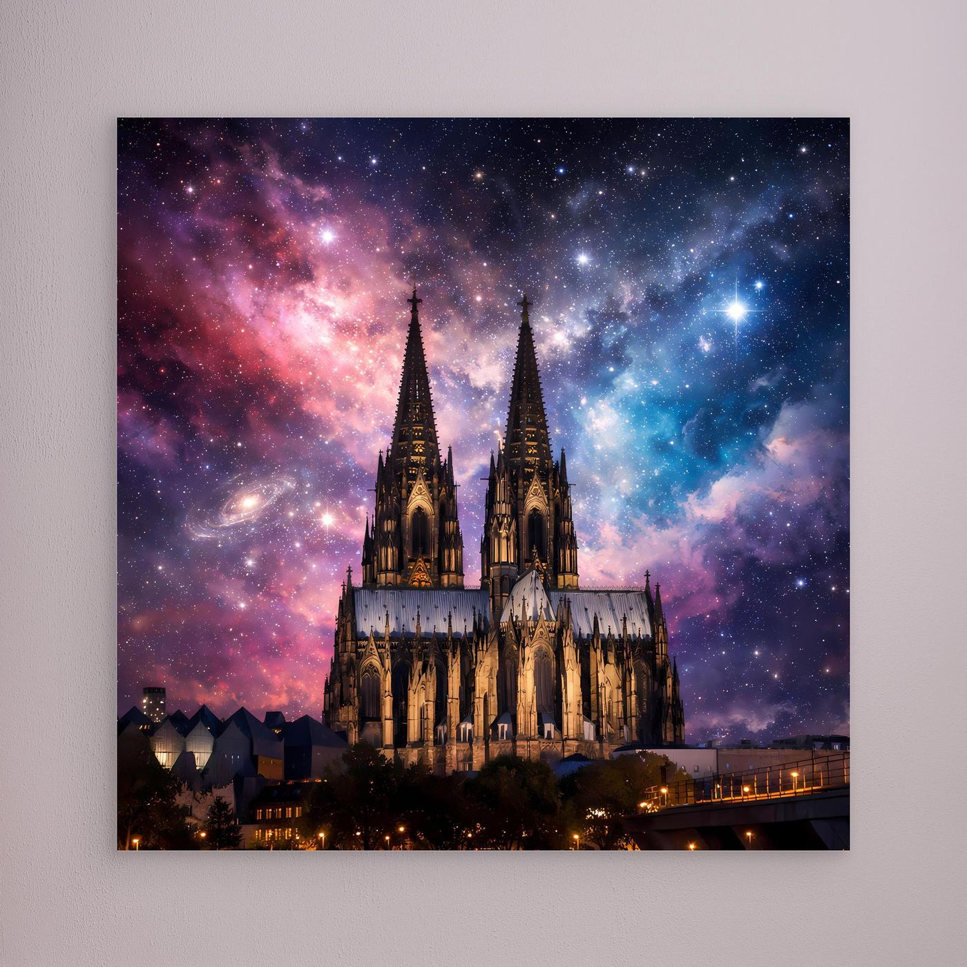 Leinwand Kosmischer Kölner Dom bei Nacht | Abstraktes Galaxie Wandbild